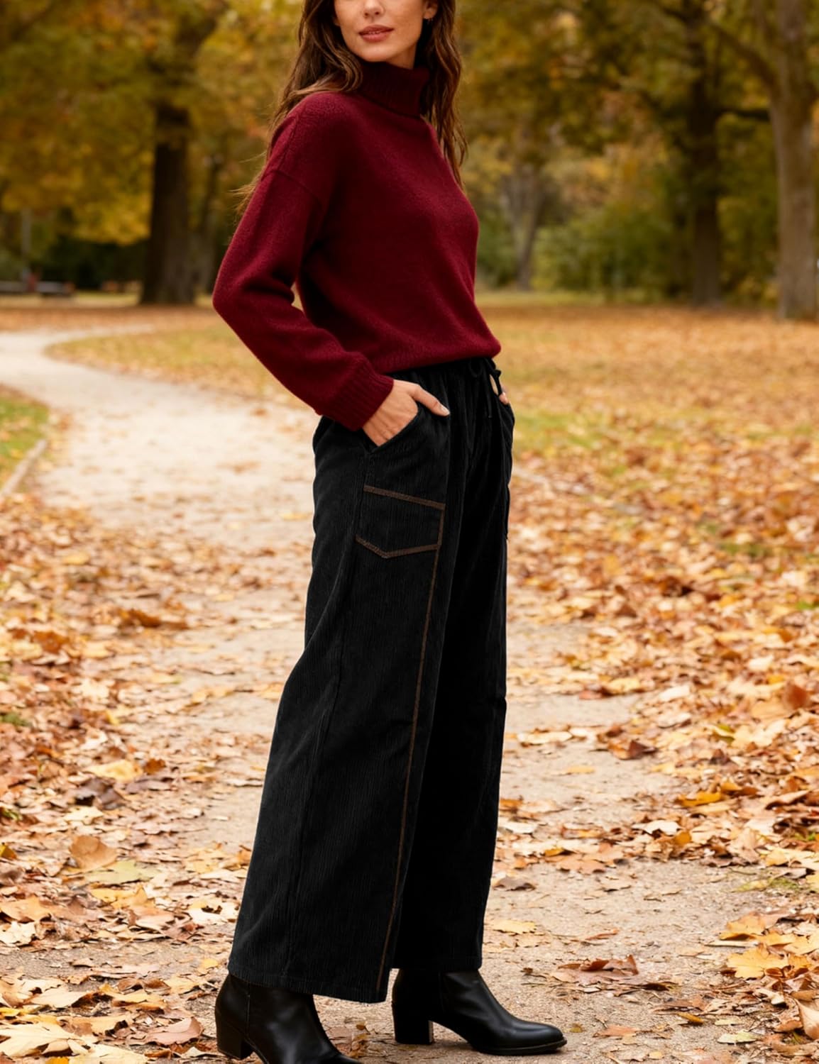 Athlisan Womens Corduroy Barrel Pants Casual Drawstring Waist Wide Leg Baggy Palazzo Trousers with Pockets - Image 3