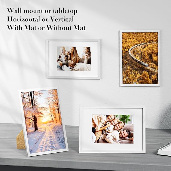 8x10 Picture Frames, Solid Wood 10x8 inch Photo Frame with 4.5x6.5 inch Mount and Stand, Plexiglass, Tabletop or Wallmount, White
