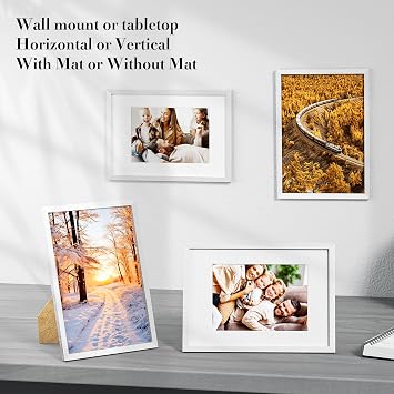 8x10 Picture Frames, Solid Wood 10x8 inch Photo Frame with 4.5x6.5 inch Mount and Stand, Plexiglass, Tabletop or Wallmount, White