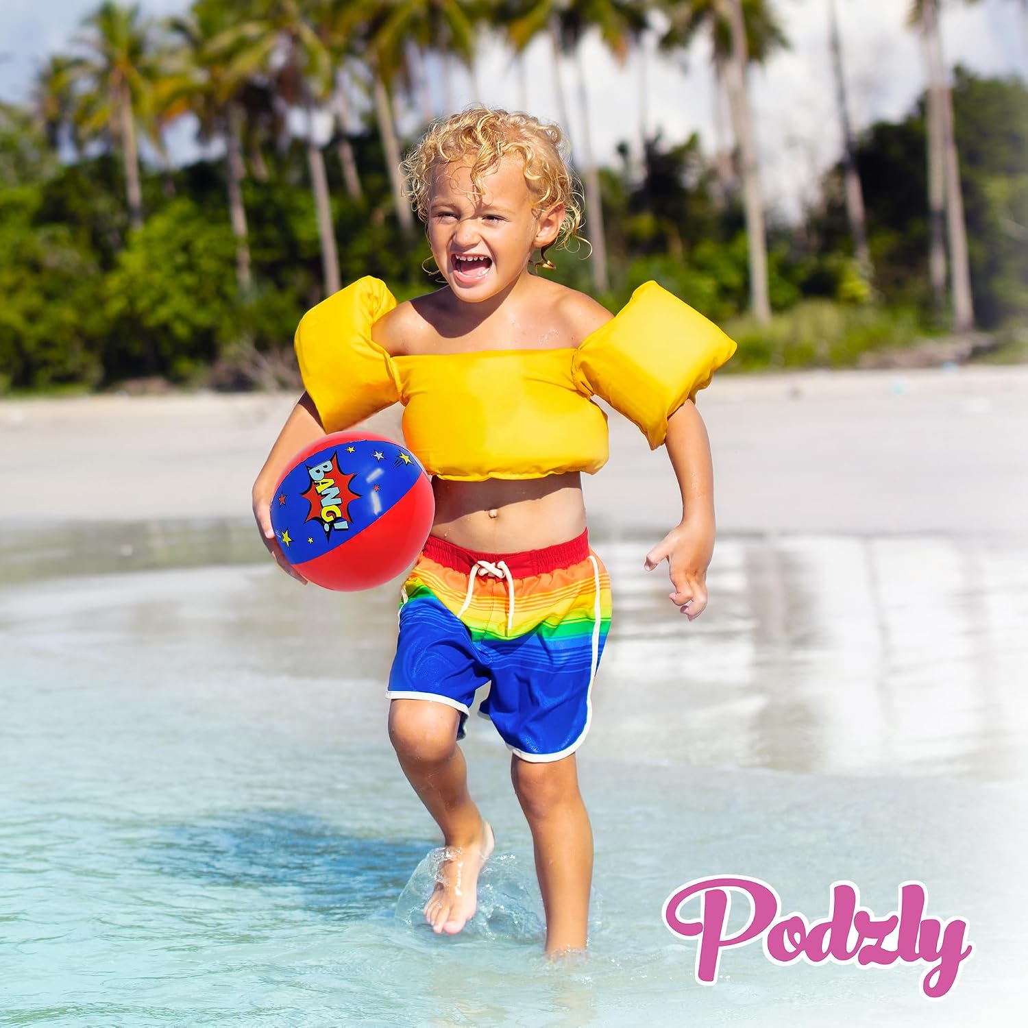 Podzly 12 Inflatable Superhero Party Beach Balls - 8" Comic Pow Wham Bang Designs with Secure Valve, Beach Party Favors for Kids, Pool Birthday Water Games Decorations & Gifts, Fun Play for Outdoors