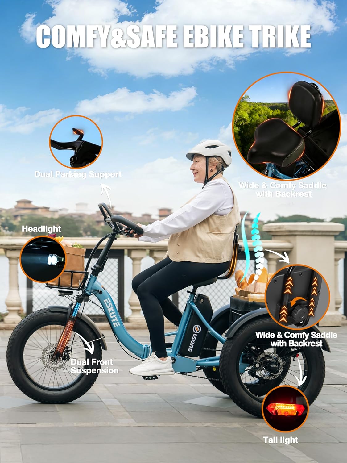 ESKUTE T300 Pro Electric Trike for Adults, 998.4Wh Long-Range Battery, 1200W Peak Motor, 20"x4.0" Fat Tires, Foldable 3-Wheel Butterfly Handlebar E-Bike with Storage Bags, Gifts for Parent