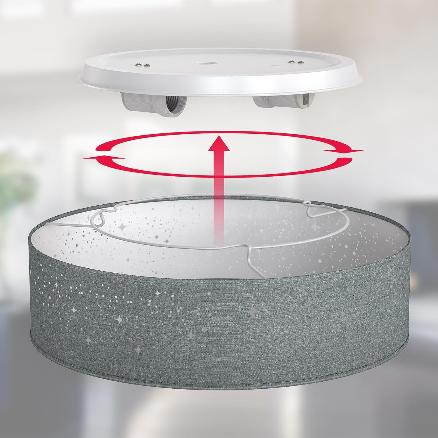 Diagram showing how to attach the lampshade to the ceiling light fixture.