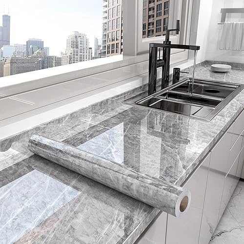 Miniatura 5 de Yancorp Papel de contacto gris oscuro de 32.8 pies, fácil de quitar, papel tapiz de mármol blanco y negro, autoadhesivo, despegar y pegar, vinilo