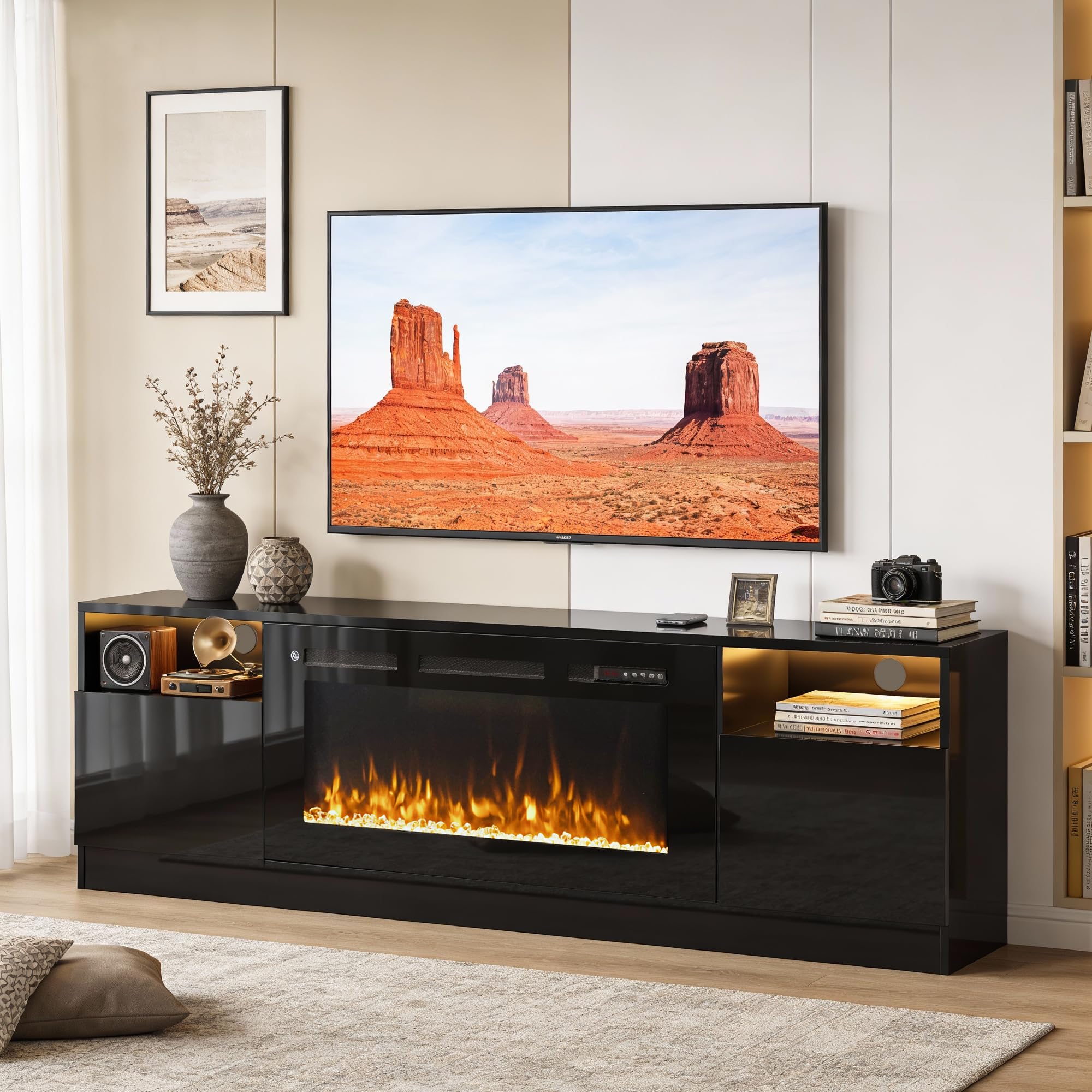View 1 of ***BOX 01 OF 02***OneBlis 70" Fireplace TV Stand with 36" Electric Fireplace, LED Light Entertainment Center for TVs Up to 80", High-Gloss Door, Modern TV Console for Living Room with Storage Cabinet, Black+Black