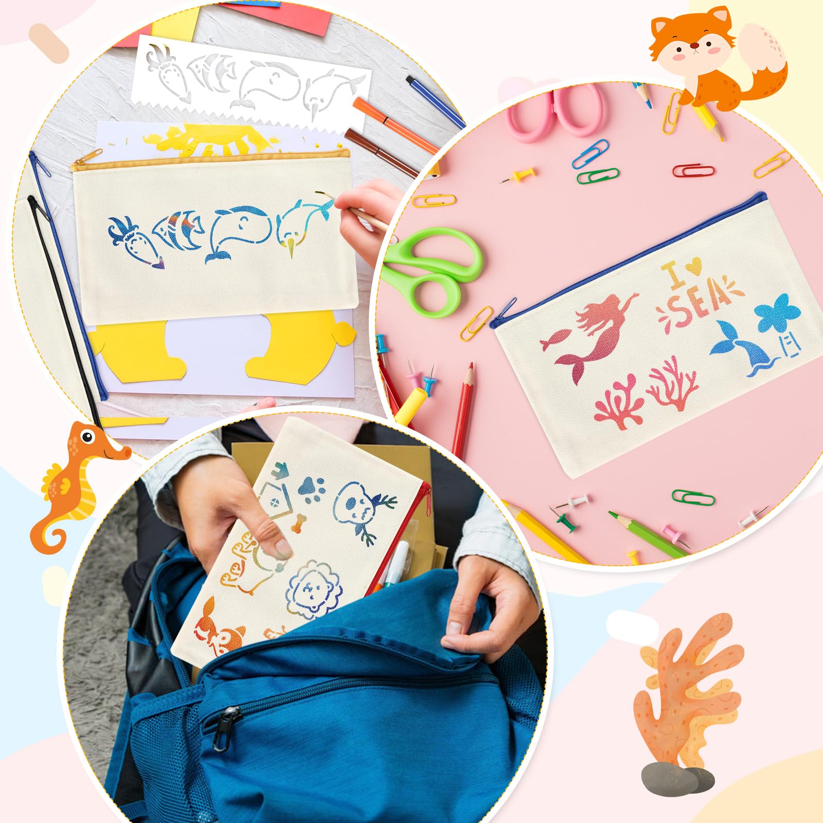 12 Pièces DIY Vierge Pochette Tissu, Pochette Tissu Zippée, Trousses en toile à peindre,12 pinceaux colorés, 16 modèles de peinture, 12 x 21cm,pour Voyage Activités en Classe, cadeaux pour enfants