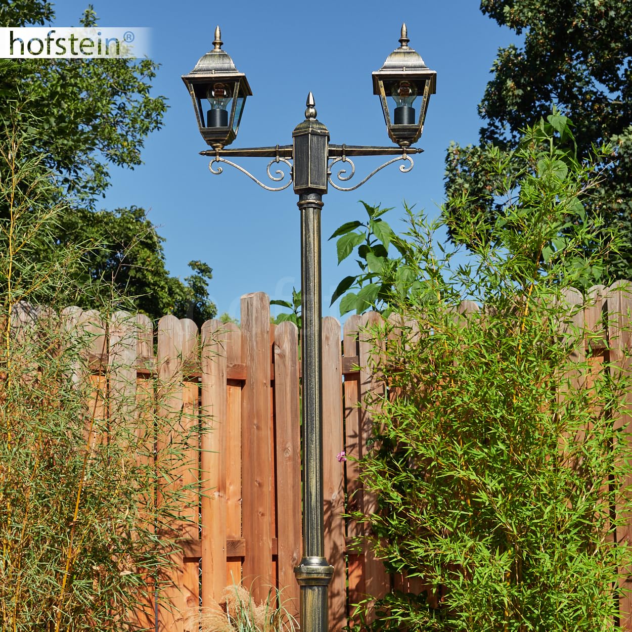 Lampa drogowa zewnętrzna Hong Kong, lampa ścieżki z metalu/szkła w kolorze czarno-złotym, przezroczysta, kandelabr w antycznym stylu, wysokość maks. 220 cm, oświetlenie ogrodowe IP44, 2 x E27, bez