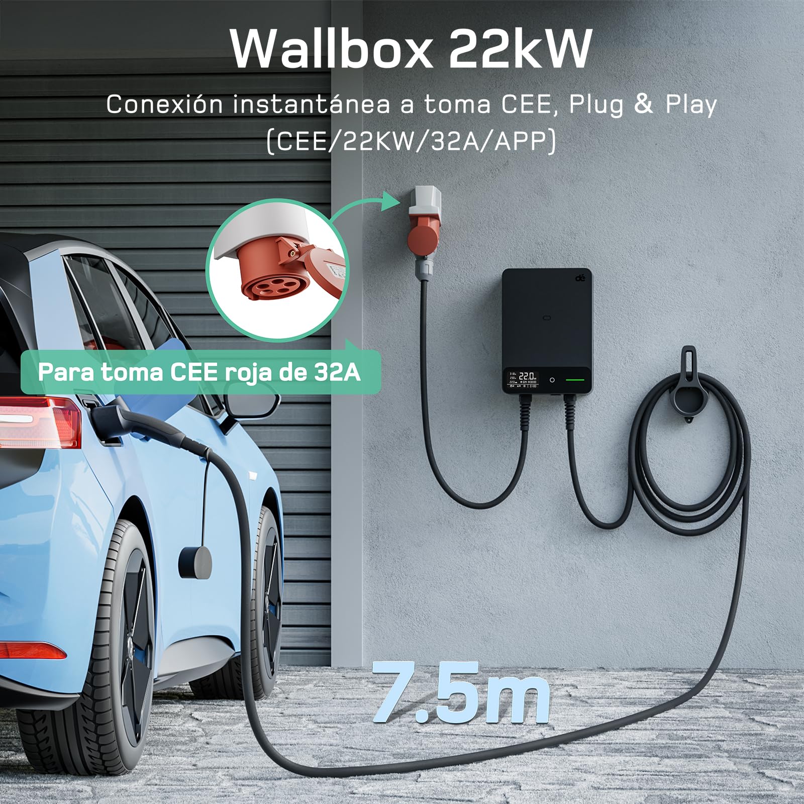 dé Estación de Carga Coche Electrico 22kW App [6-32A, Trifásico] Wallbox 22kW con Cable Tipo 2 7,5 m, RFID, Estación de Carga con RCD Tipo-B y Protección ip54 para Model Y/3 y Otros BEV/PHEV - 2