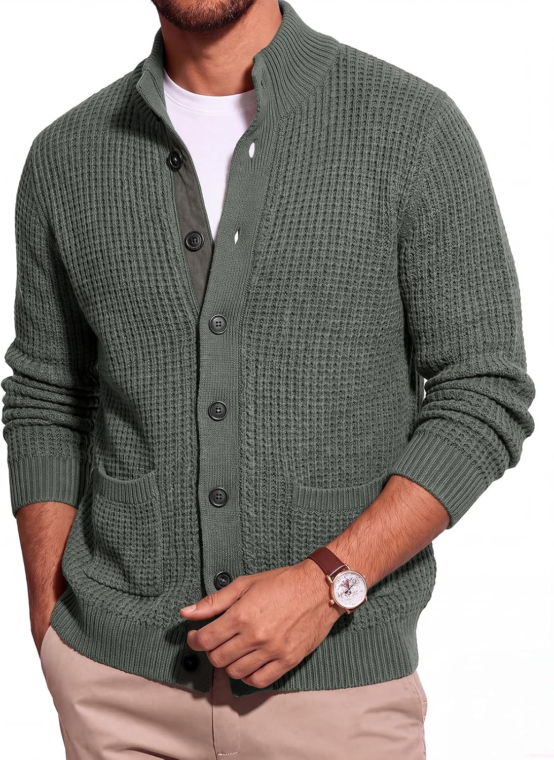 Runcati Mens Casual Waffle Knit Cardigan Sweater Stand Collar with Pockets