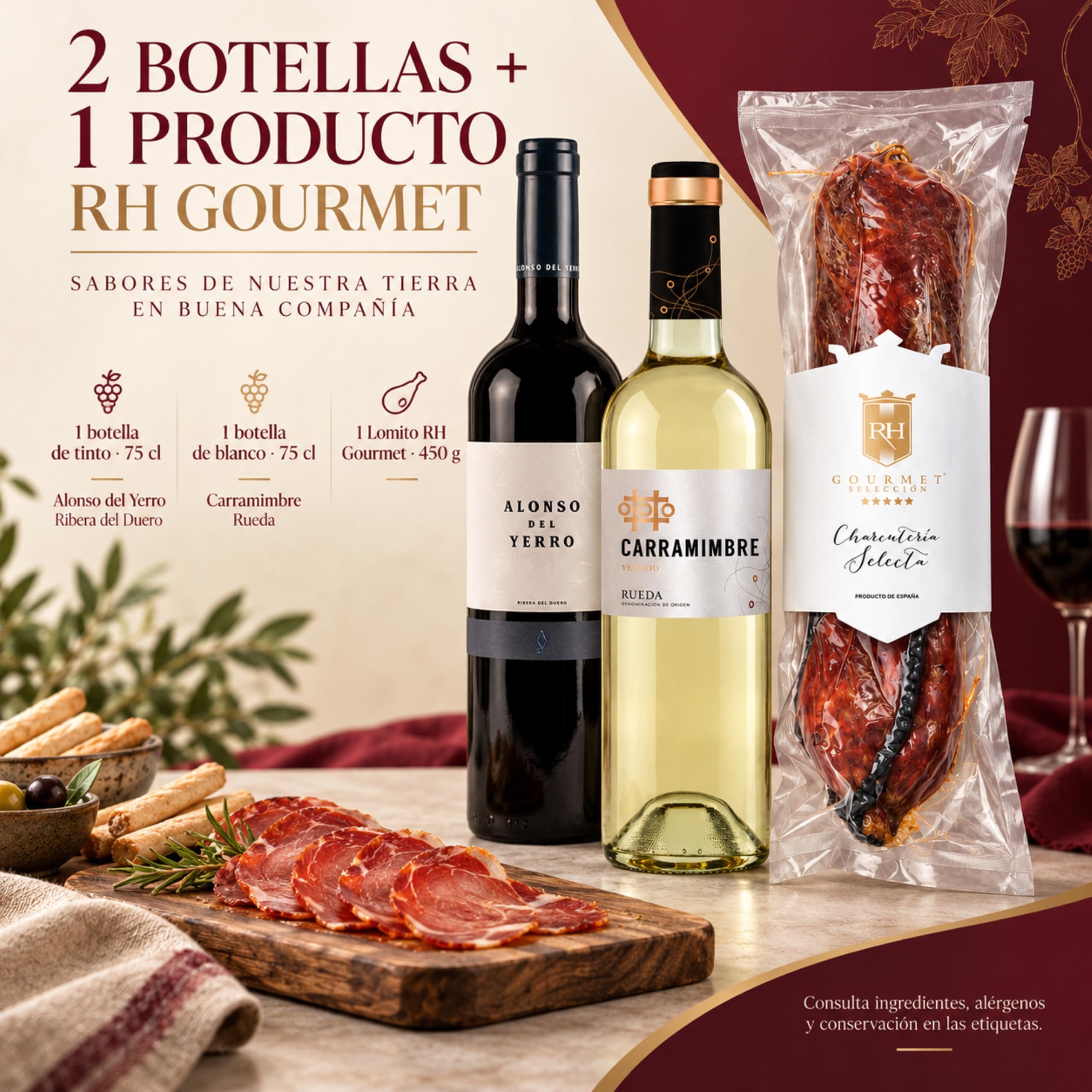 Cesta gourmet Navidad Alonso del Yerro y Carramimbre Verdejo con lomito ibérico de bellota 100% 450 g RH Gourmet, pack de 2 botellas 75 cl