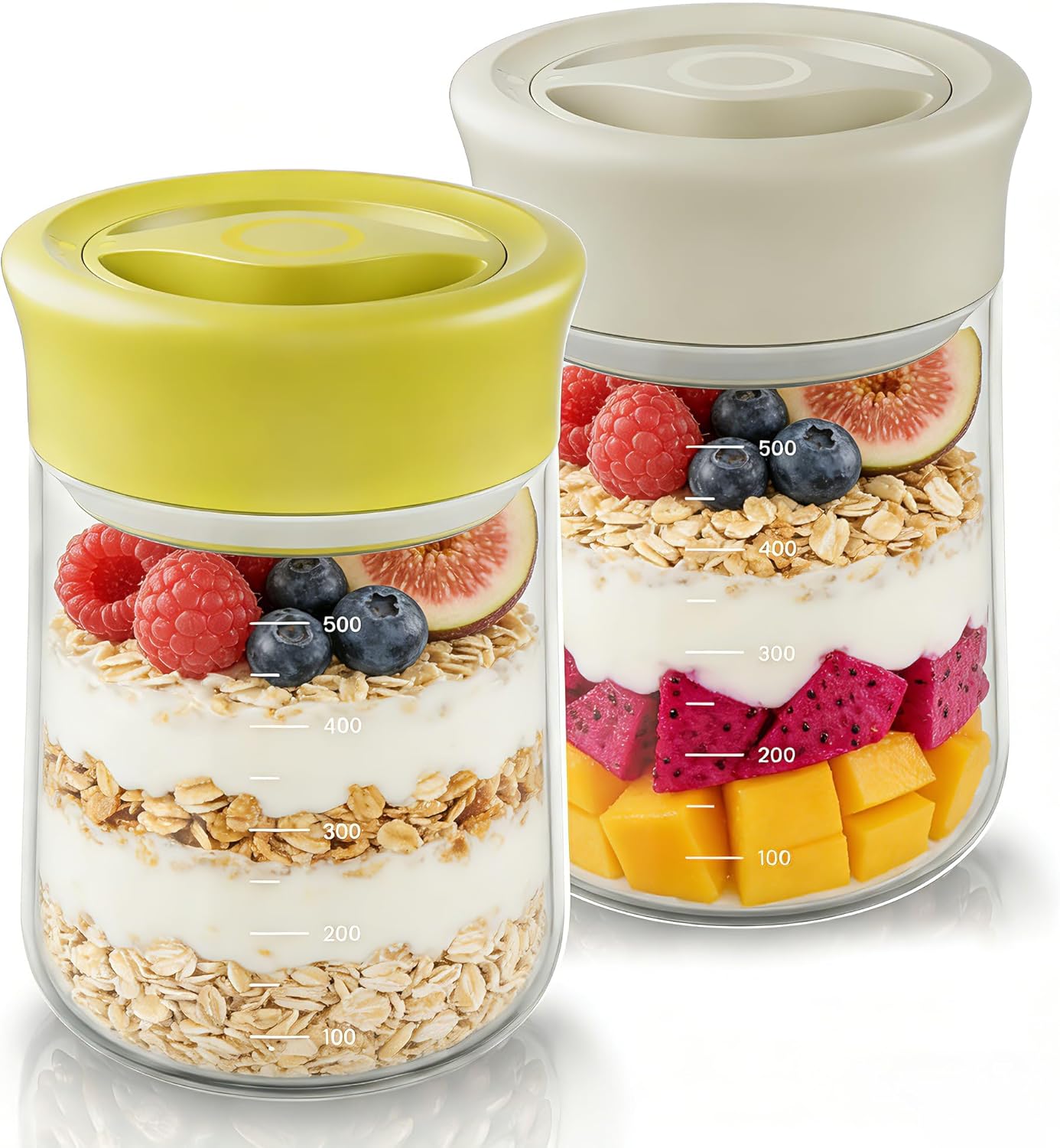 Overnight Oats Containers with Lids, 2 Pack 17oz Glass Jars with Airtight Lids, Wide Mouth Mason Jars, Food Storage Containers for Yogurt, Chia Pudding, Snack, Salad(Yellow+Beige)