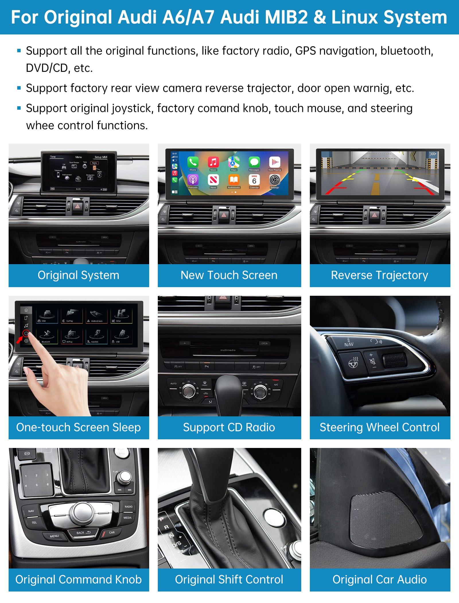 Radio samochodowe 10,25 cala, CarPlay/Android Auto/Mirrorlink/nawigacja do Audi A6 z lat 2016-2018 z systemem MIB, ulepszony ekran dotykowy