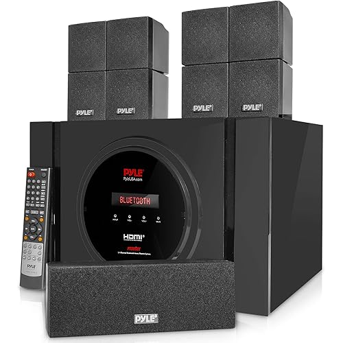 Pyle 5.1 Channel Home Theater Speaker System - 300W Bluetooth Surround Sound Audio Stereo Power Receiver Box Set w/ Built-in Subwoofer, 5 Speakers, Remote, FM Radio, RCA - PT589BT,Black