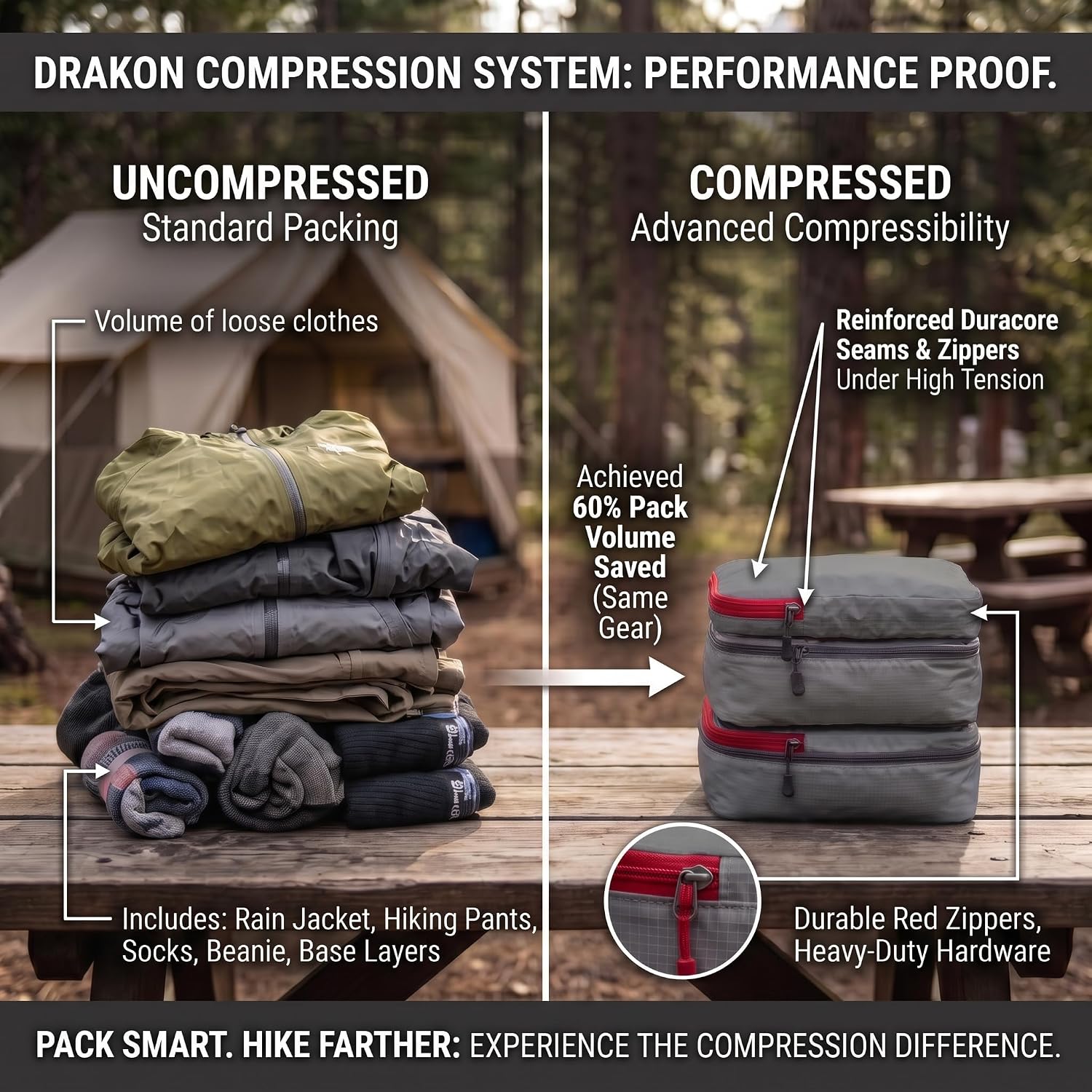 Drakon Outdoors Ultralight Compression Packing Cubes (3-Piece Set) – Heavy-Duty Water-Resistant Ripstop Organizers for Backpacking, Hiking & Camp Gear