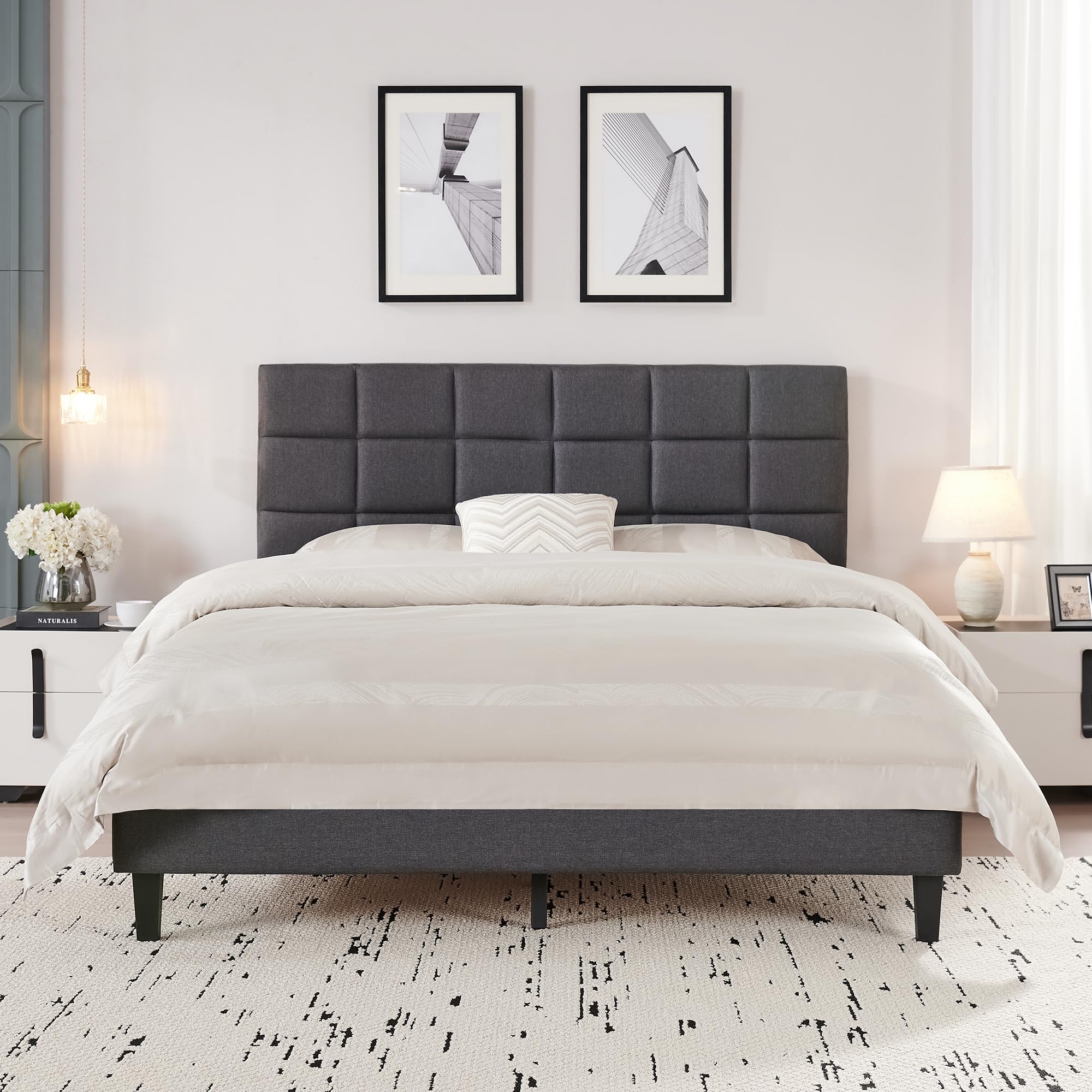 BedsPick Full Size Platform Bed Frame with Fabric Upholstered Headboard, Fully Upholstered Mattress Foundation, Solid Wooden Slats Support, No-Noise, Easy Assembly, No Box Spring Needed, Grey