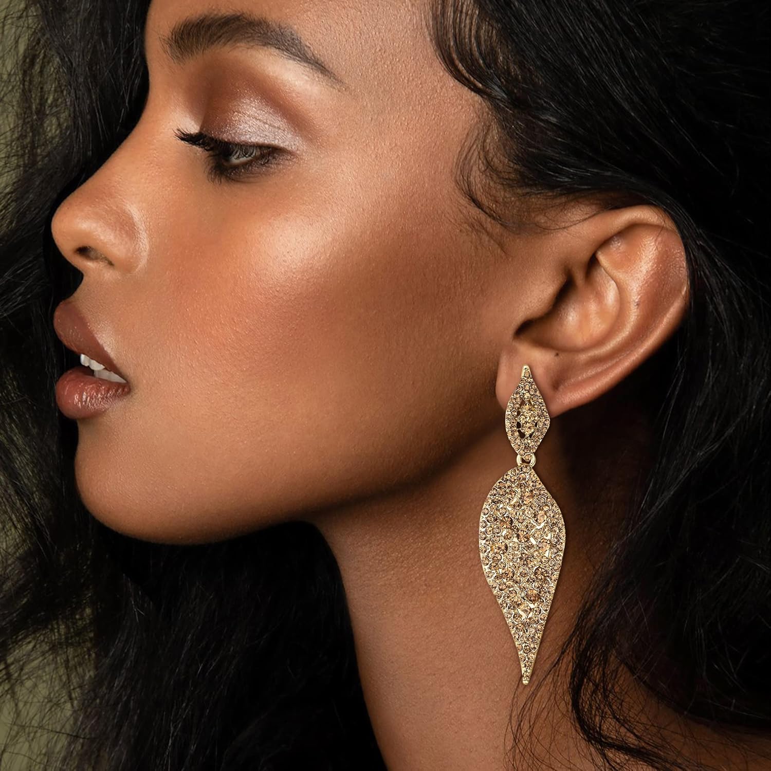 EVER FAITH 2 Leaf Round Full Crystal Art Deco Bridal Pierced Dangle Chandelier Earrings for Women - Image 2