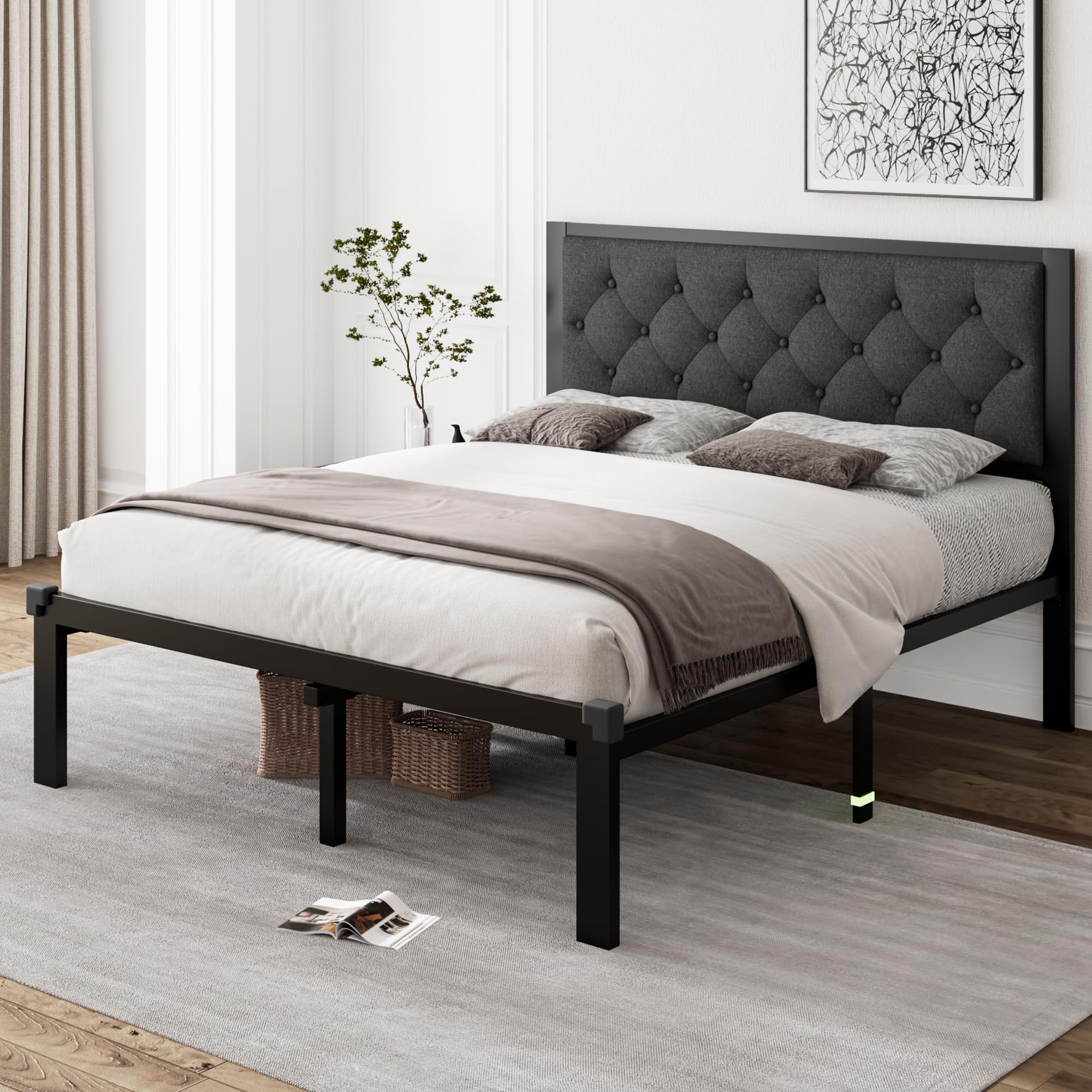 iPormis Queen Metal Bed Frame, Linen Platform Bed Frame with Button Tufted Headboard, 12" Underbed Space, Steel Slats Support, Easy Assembly, No Box Spring Needed, Gray