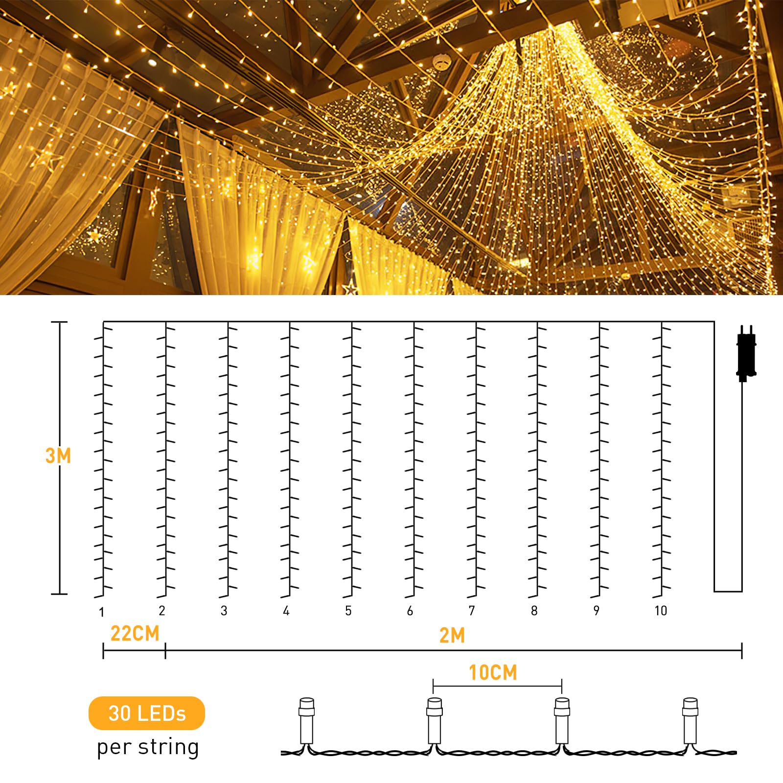 Avoalre Cortina de Luces Navidad 2 * 3M 300LED Luces Navidad 8 Modos Función de Memoria y Tándem, Impermeable IP44 para Exterior Interior Ventana Escaparate Fiesta, Blanco Cálido