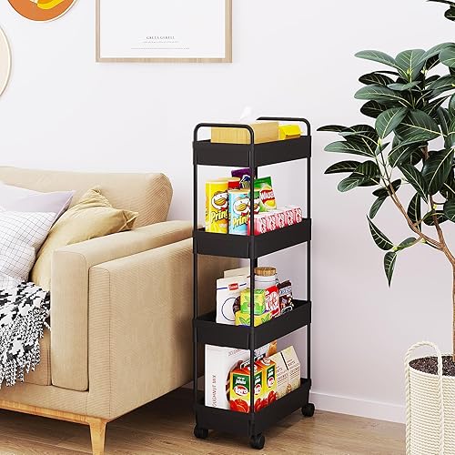 Miniatura 5 de Buzowruil Carrito de almacenamiento rodante de 4 niveles, organizador de estantería móvil, carrito utilitario con ruedas para cocina, baño,