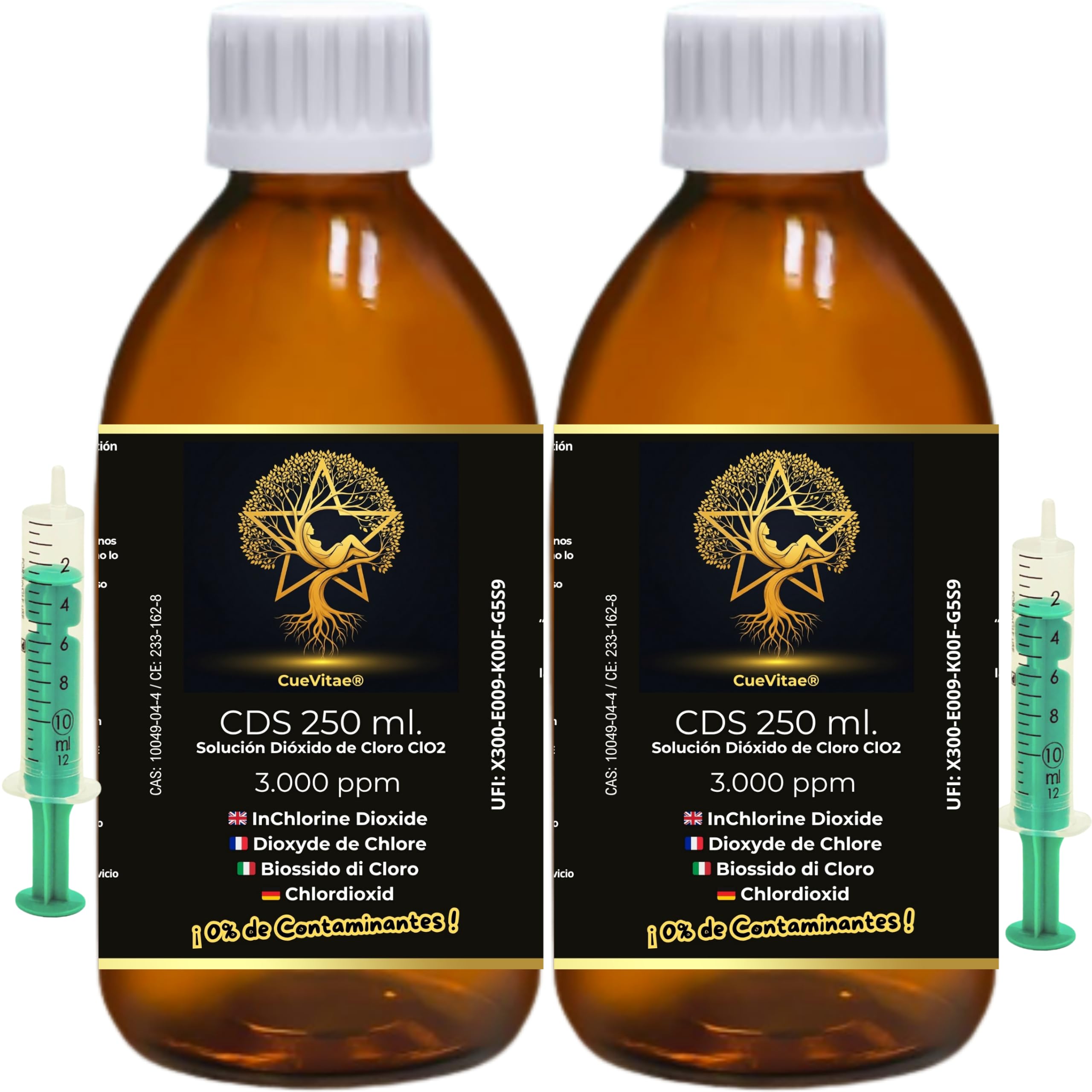 CDS 0,3% 2x250 ML | Solution aqueuse de dioxyde de Chlore | Verre | Biocide technique TP5 exclusif traitement d'eau. Lot 2 récipients verre ambré anti-UV avec équipement volumétrique.