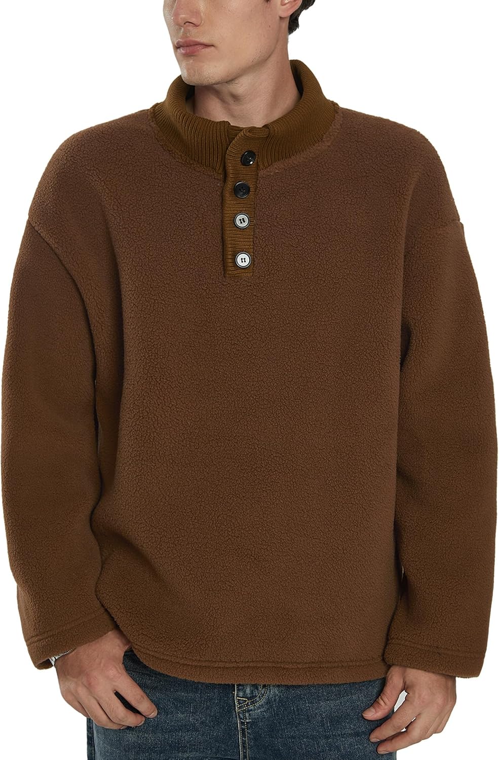 Mainfini Men's Fuzzy Sherpa Pullover Collared Button Fleece Sweater with Pockets (S-XXL)