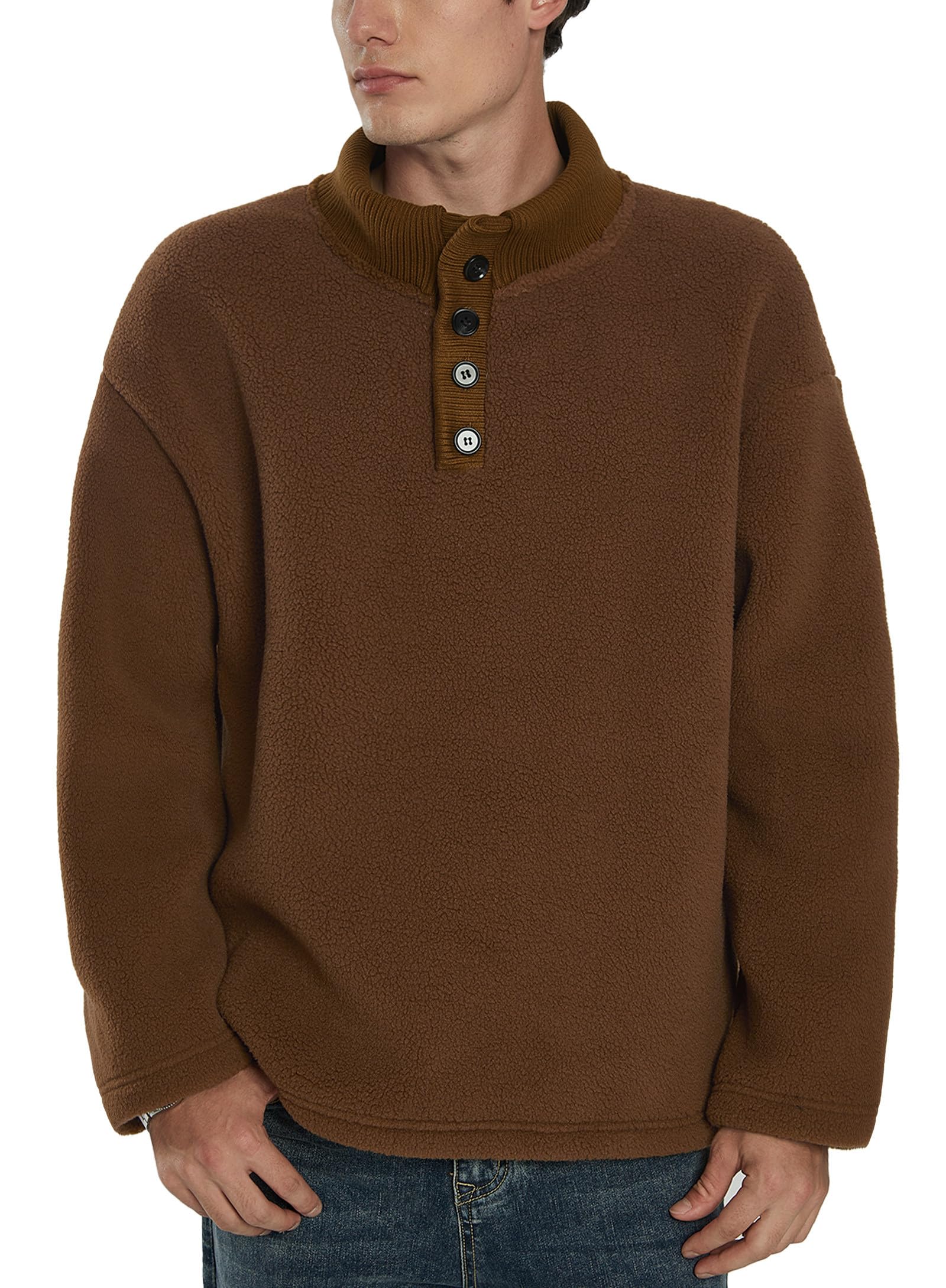 Mainfini Men's Fuzzy Sherpa Pullover Collared Button Fleece Sweater with Pockets (S-XXL)