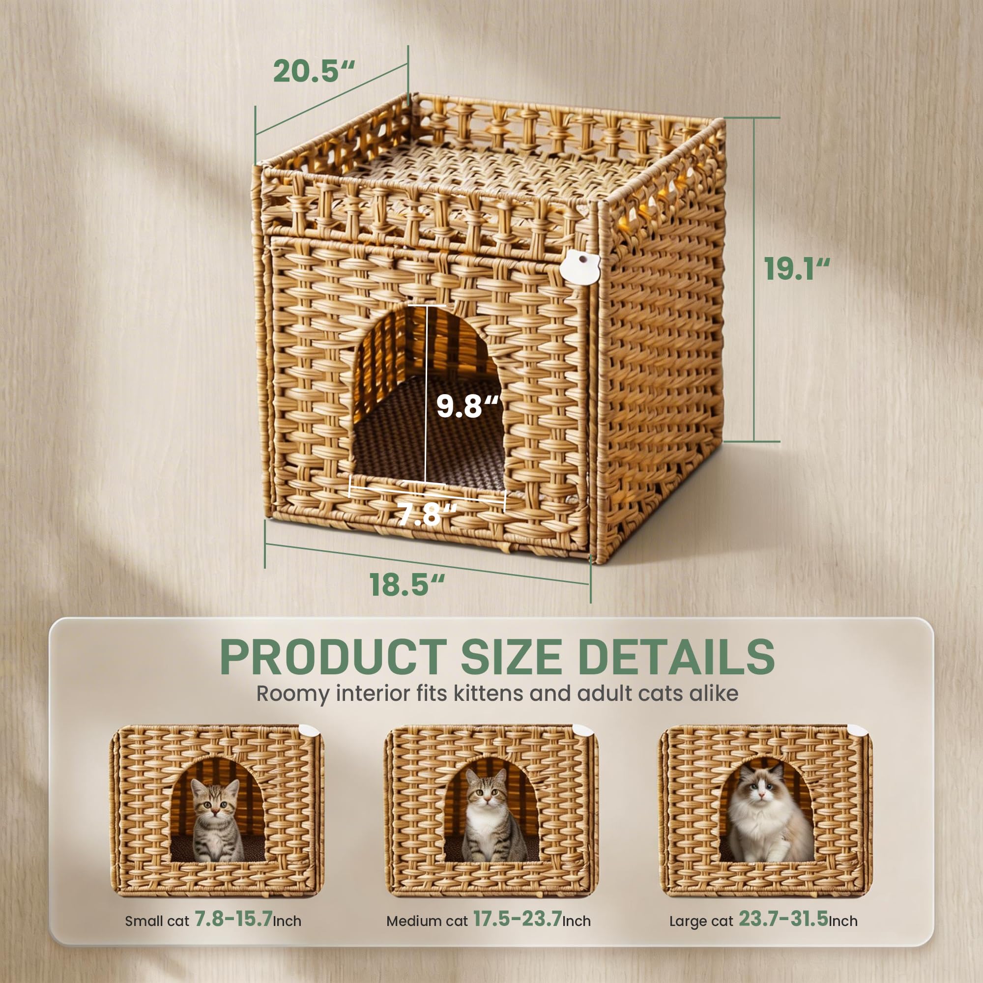 Cat Litter Box Furniture, Rattan Litter Box Enclosure Cabinet for Indoor Cats, Ventilated Covered Litter Box House, Decorative Litter Box Hider with Mat - image 5