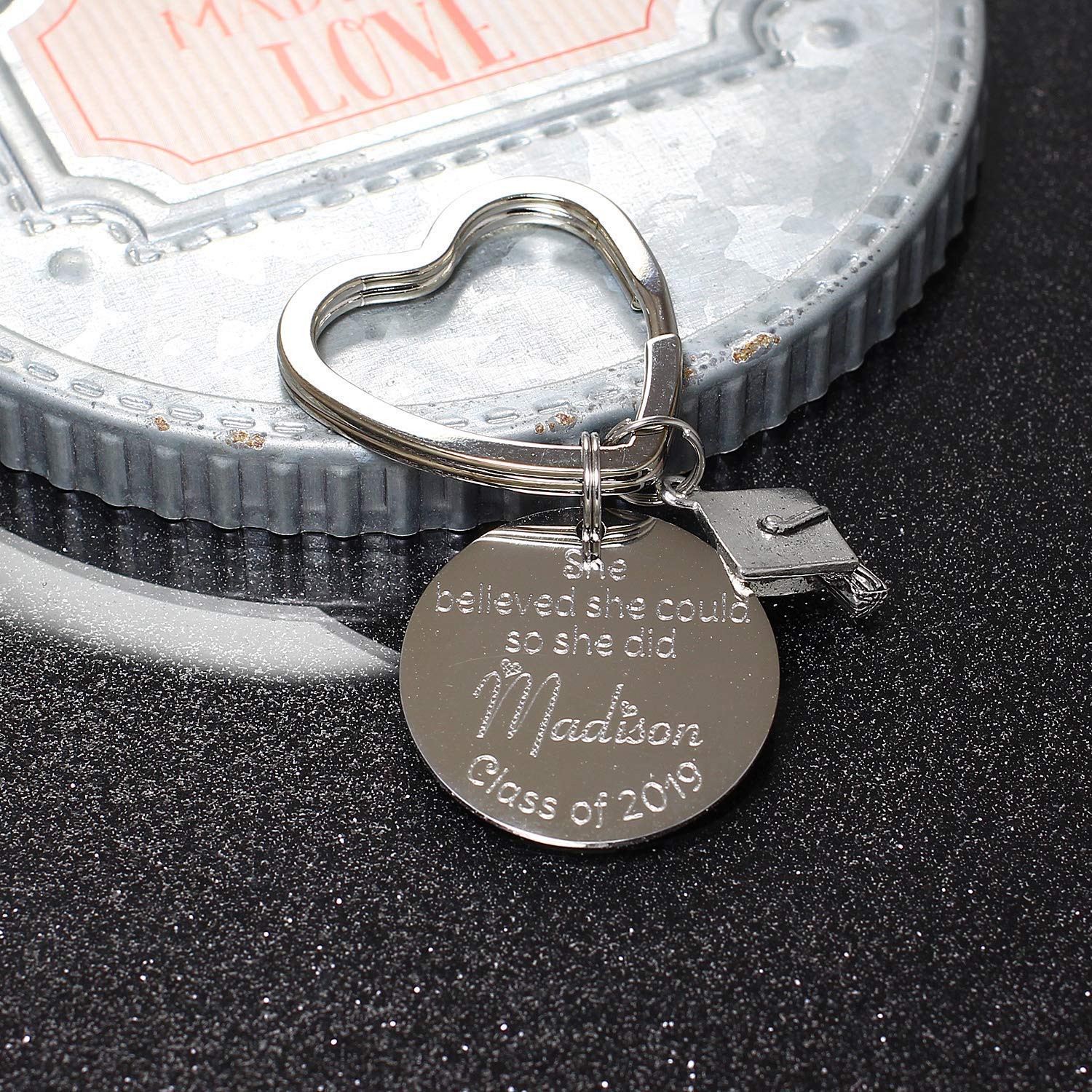Graduation Key Chain Personalized with Name, Class of 2025, Optional Custom Message on Back of Disk, and Choice of Charm(s)