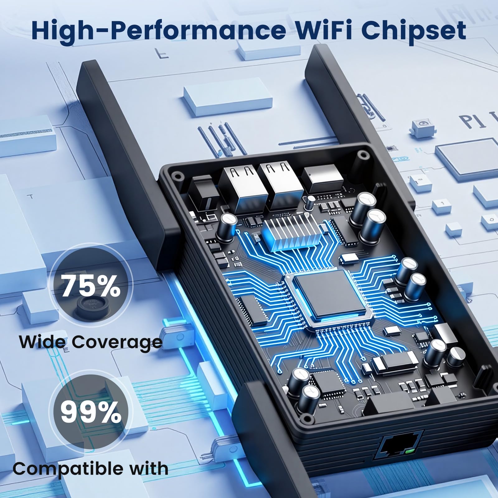 Ripetitore WiFi 6, 1800Mbps Amplificatore WiFi con LAN Gigabit, Doppia Banda Internet Wi-Fi 5GHz/1201Mbps e 2,4GHz/574Mbps, Compatibile con 99% Router-WiFi, Copertura fino a 750 m², 65 Dispositivi