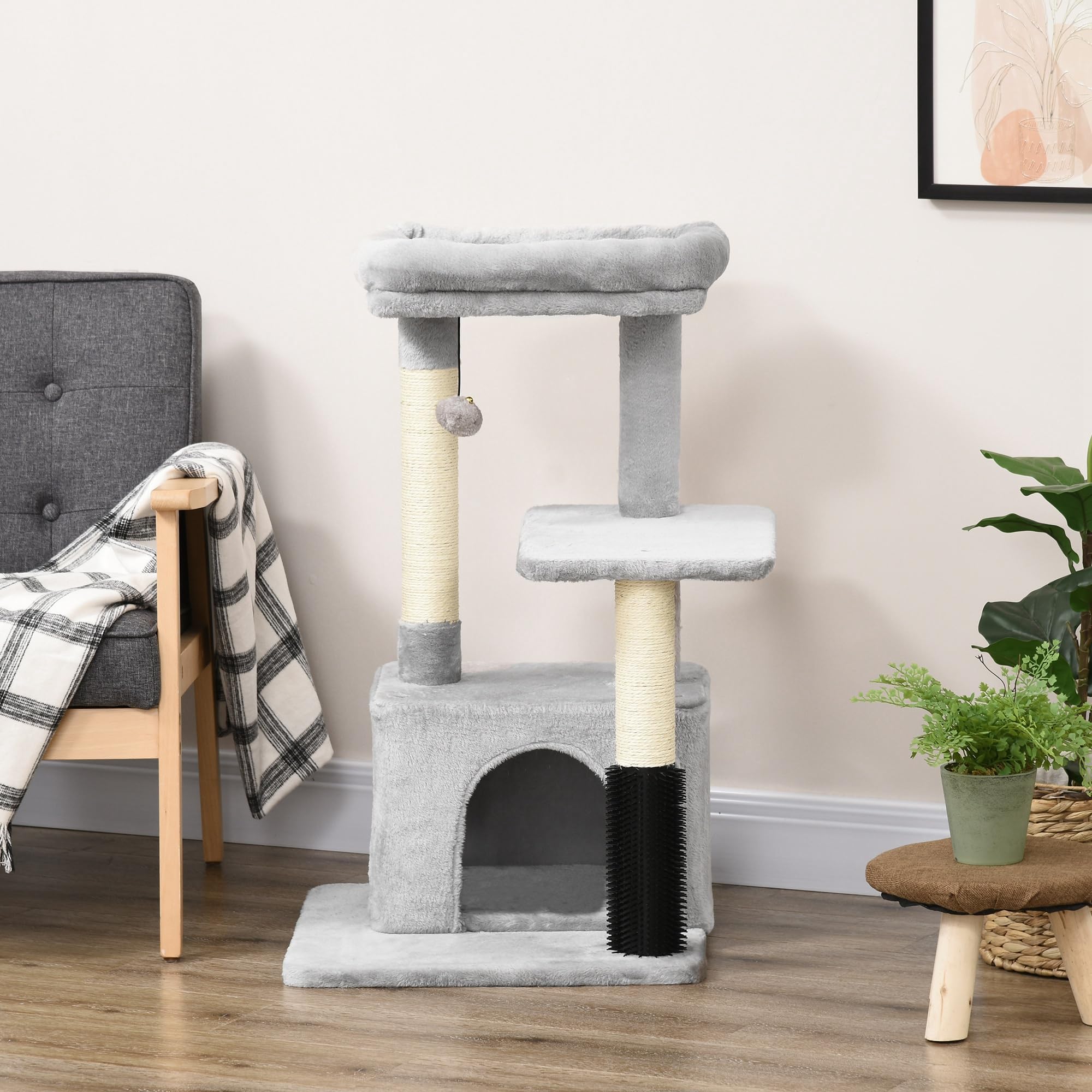 PawHut Arbre à Chat Arbre à Grimper griffoir Massage pour Chat Centre d'activités avec Niche et Plates-Formes Hauteur 85 cm Gris Clair | pour Chat, Centre d'Activités, avec Niche et Plates-Formes
