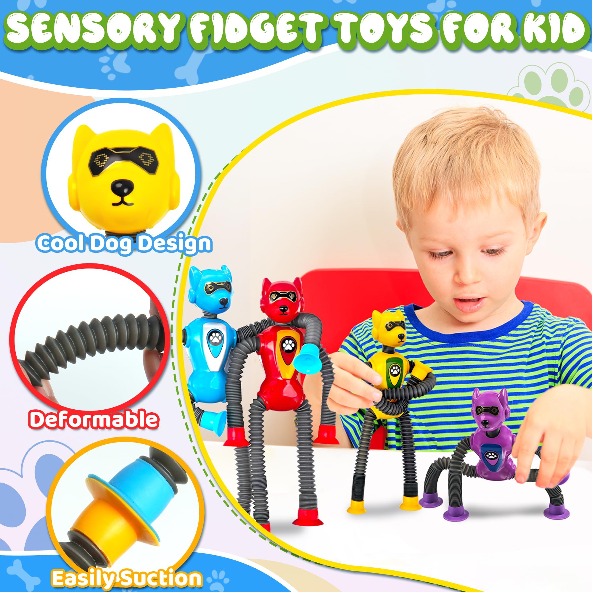 Valentines Day Gift for Classroom Boys Robot Dog Sensory Pop Tube for Toddler Kid 4PC Travel Toys Airplane Car Toy Activities Autistic Road Trip Suction Tube for Boys 3 - 8 ADHD Autism 3