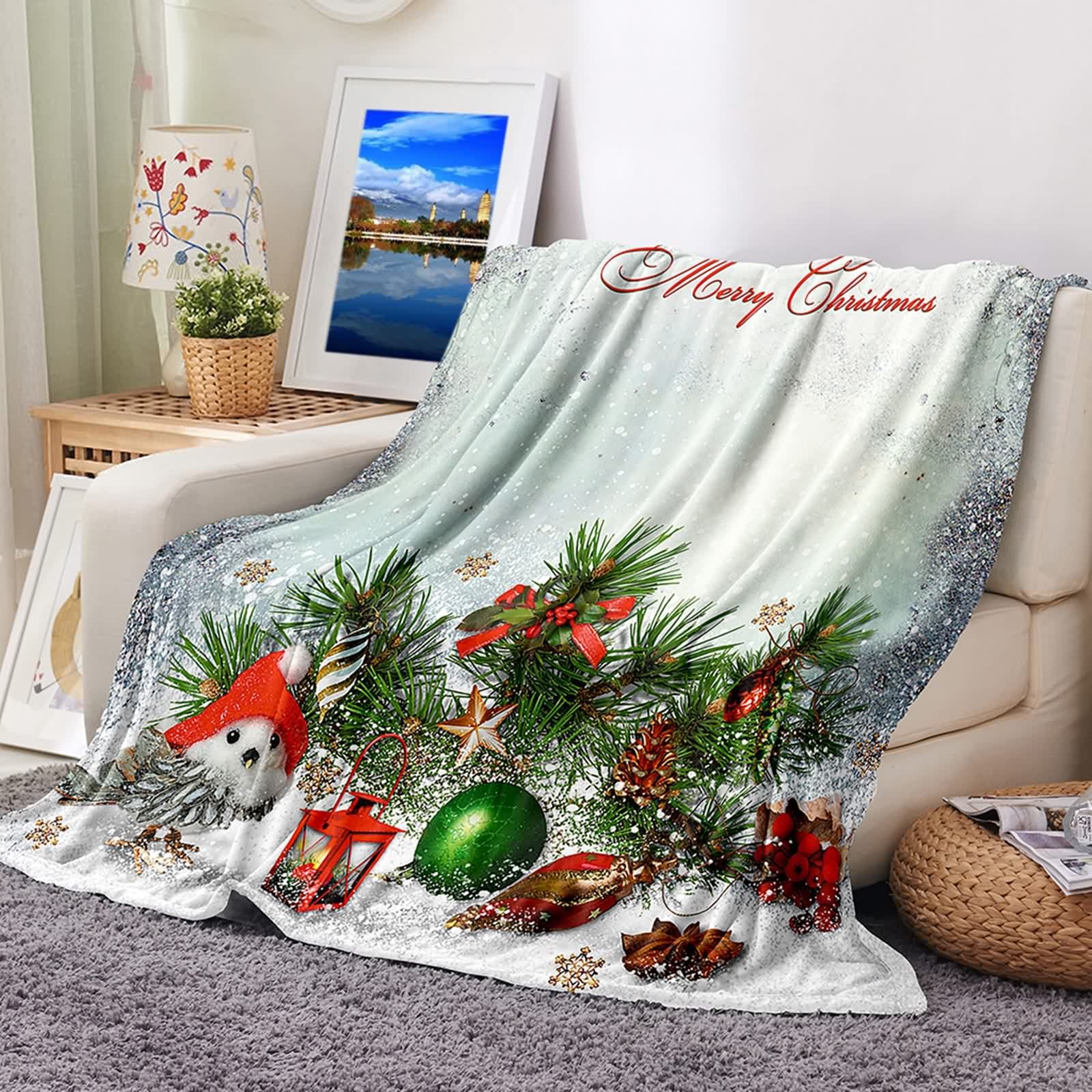 Couverture polaire flannel 80x120cm jeté de canapé chaud et douillet motif Noël pour lit