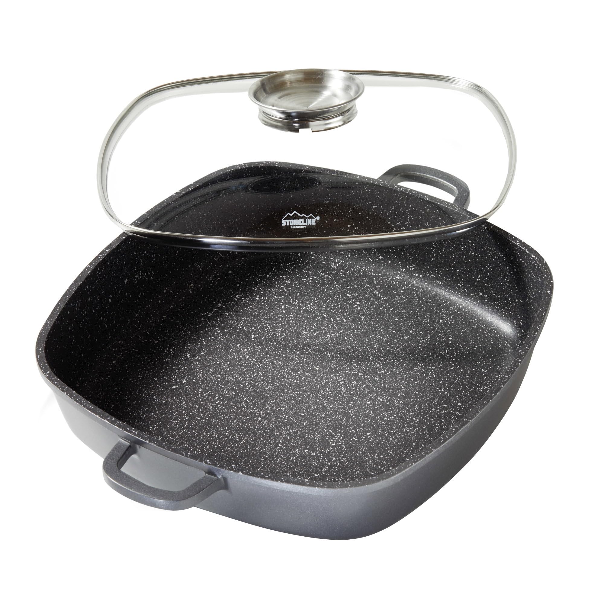STONELINE Casseruola Quadrata 32 cm, Tegame 2 Manici Coperchio Salva-Aroma Alluminio Pressofuso, Rivestimento Antiaderente con Vere Particelle di Pietra, A Induzione Forno Tutti i Piani, Grigio