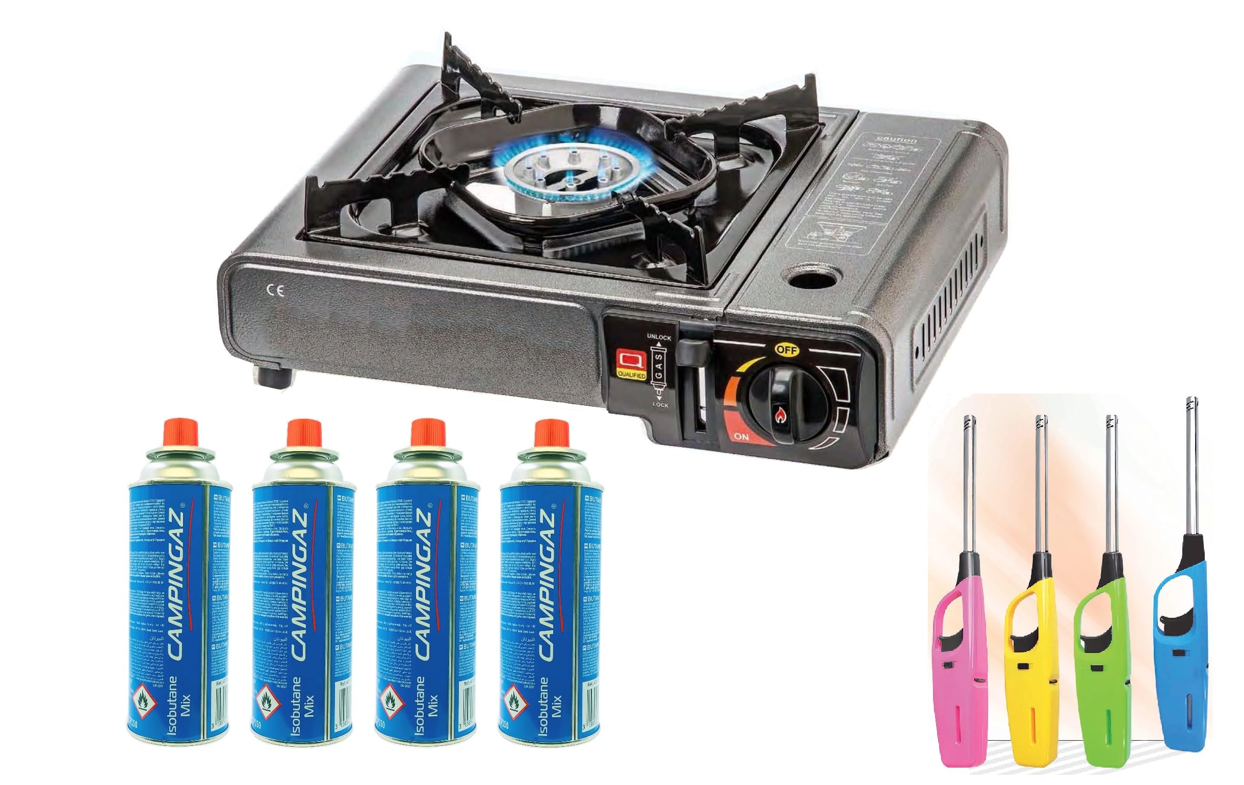 Camping Gas Portatil con Bombonas, GAS 4 BOTELLAS +MALETÍN ESTUFA CAMPING +1 MECHERO DE COCINA, MALETÍN ESTUFA CAMPING, Portátil, Cocinal, Infernillo, Fogareiro