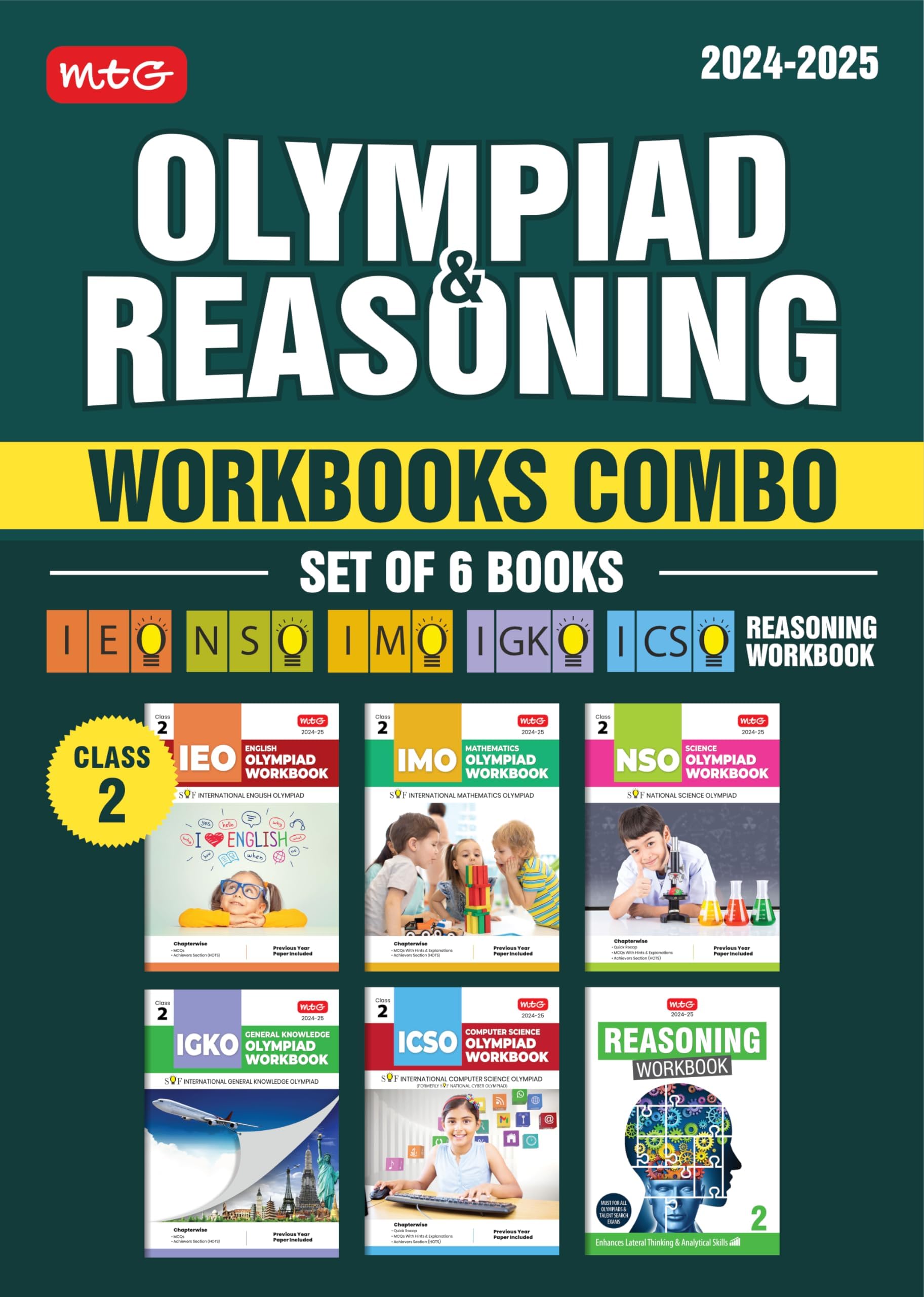 MTG NSO-IMO-IEO-ICSO-IGKO Olympiad Workbook and Reasoning Book Combo Class 2 (Set of 6 Books) | MCQs, Previous Years Solved Paper & Achievers Section - SOF Olympiad Preparation Books For 2024-25 Exam