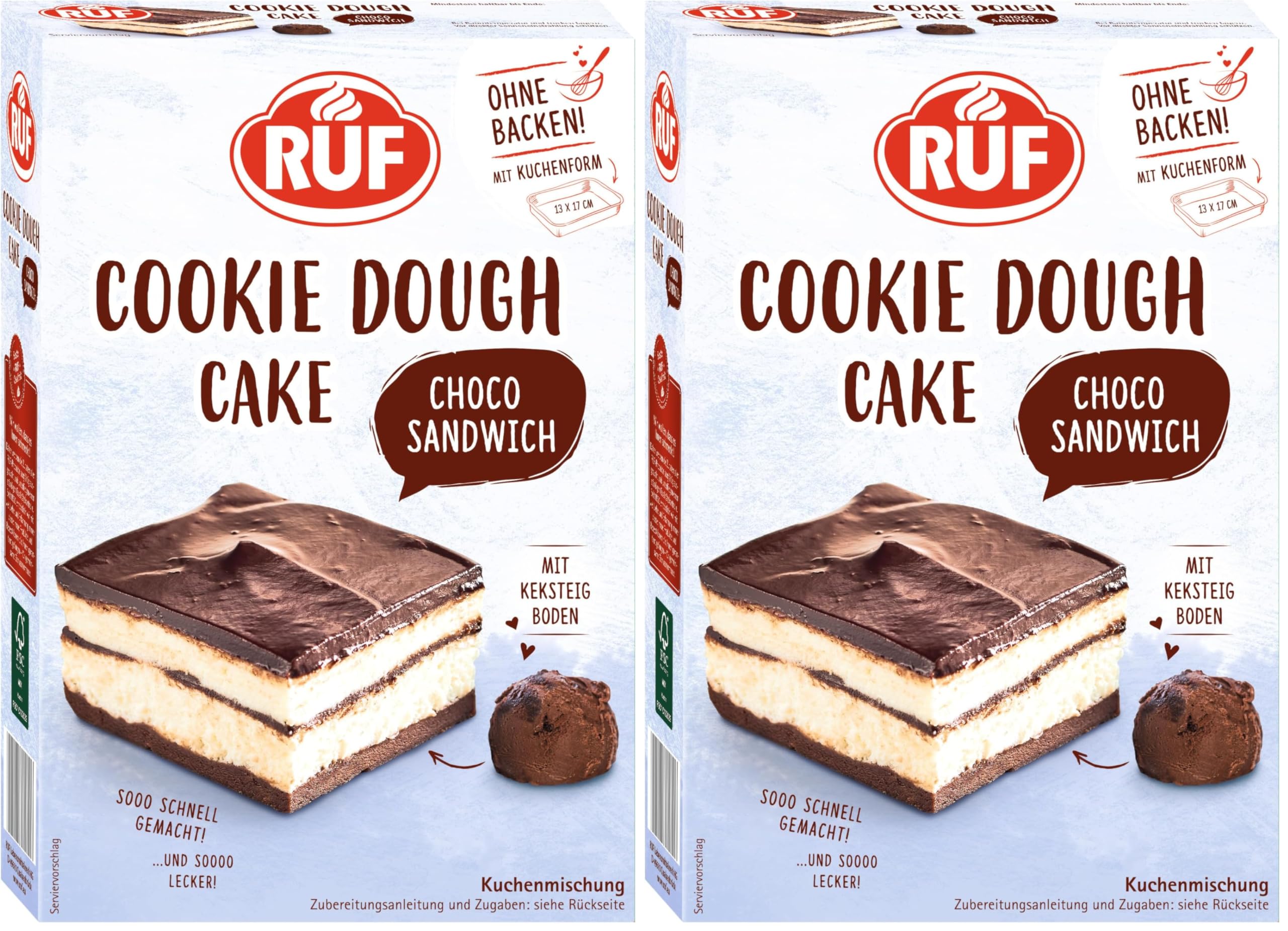 RUF Cookie Dough Schoko-Sandwich ohne Backen, Boden aus Keksteig mit fluffiger Creme und Schoko-Glasur, inkl. Kuchenform, 1x320g (Packung mit 2)