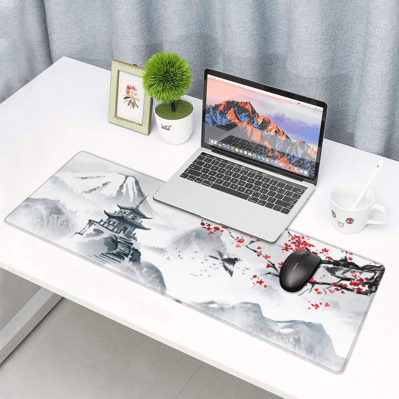 ProbTis Tappetino Per Mouse E Scrivania Giapponese 90x40 Cm - Stampa Fiori Di Ciliegio In Stile Acquerello, Base Antiscivolo, Bordi Cuciti, Regalo Per Giocatori E Studenti - 2