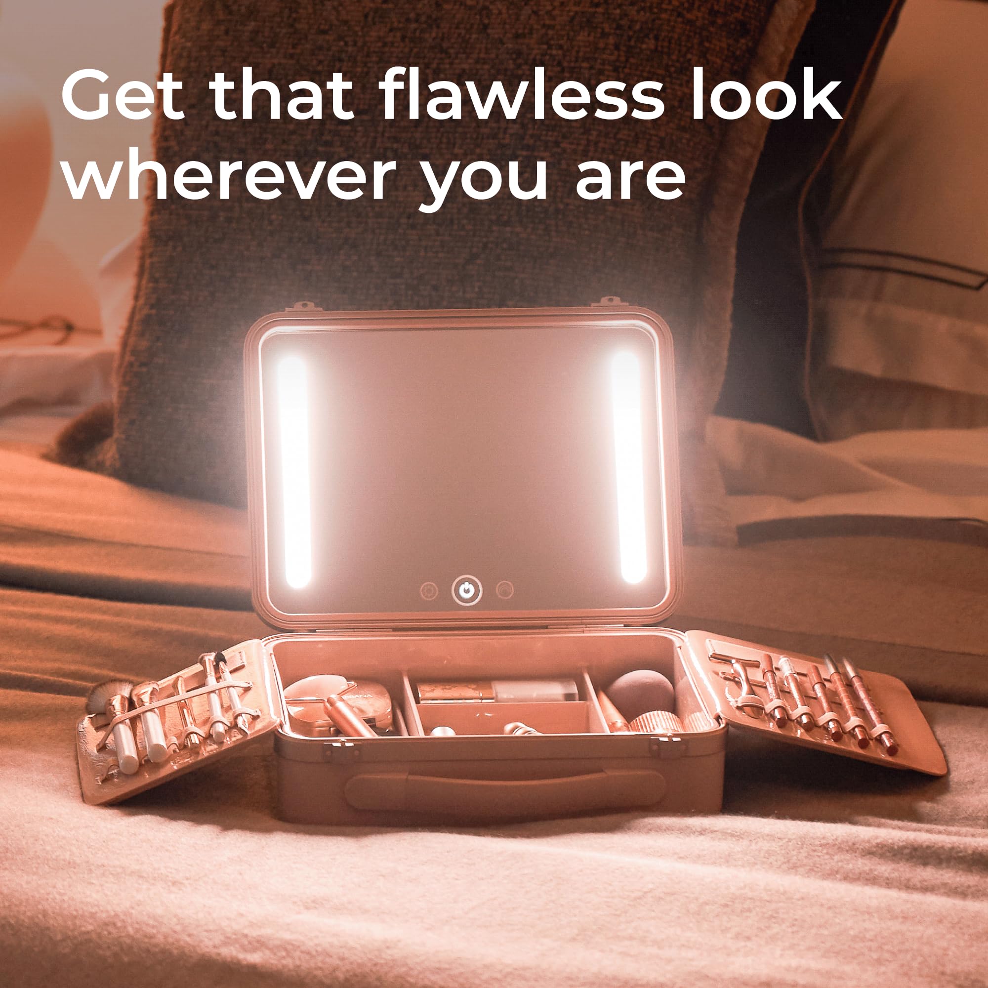 Beautifect Box Rose Gold - Grande trousse per trucchi con specchio luminoso a LED, trapuntata, metallica, borsa da viaggio per cosmetici da donna, organizer per articoli da toeletta e trucchi con