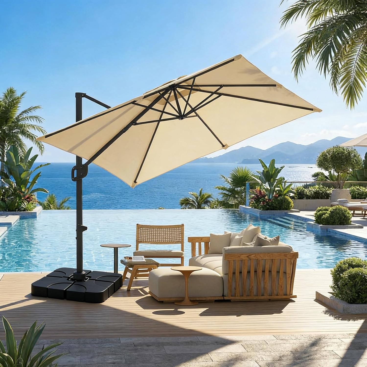 GarveeLife Large Patio Umbrella with Base, 10 ft X 10 ft Heavy Duty Aluminum Cantilever Offset Outdoor Umbrella with 360-Degree Rotation for Backyard, Deck, Pool (Beige)