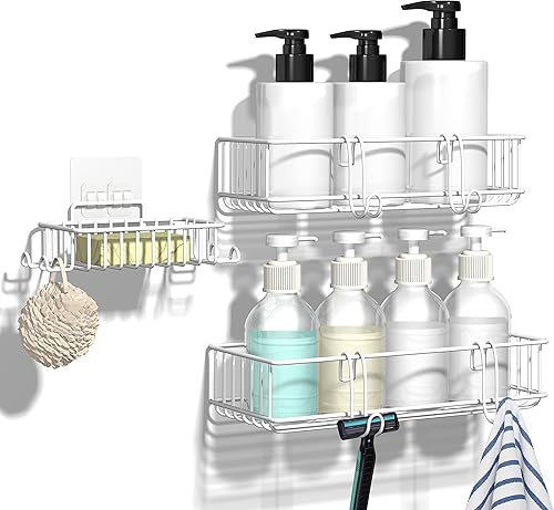 TONLEA Organizador de ducha para baño, paquete de 3 estantes de ducha de acero inoxidable a prueba de óxido con jabonera y 4 ganchos para