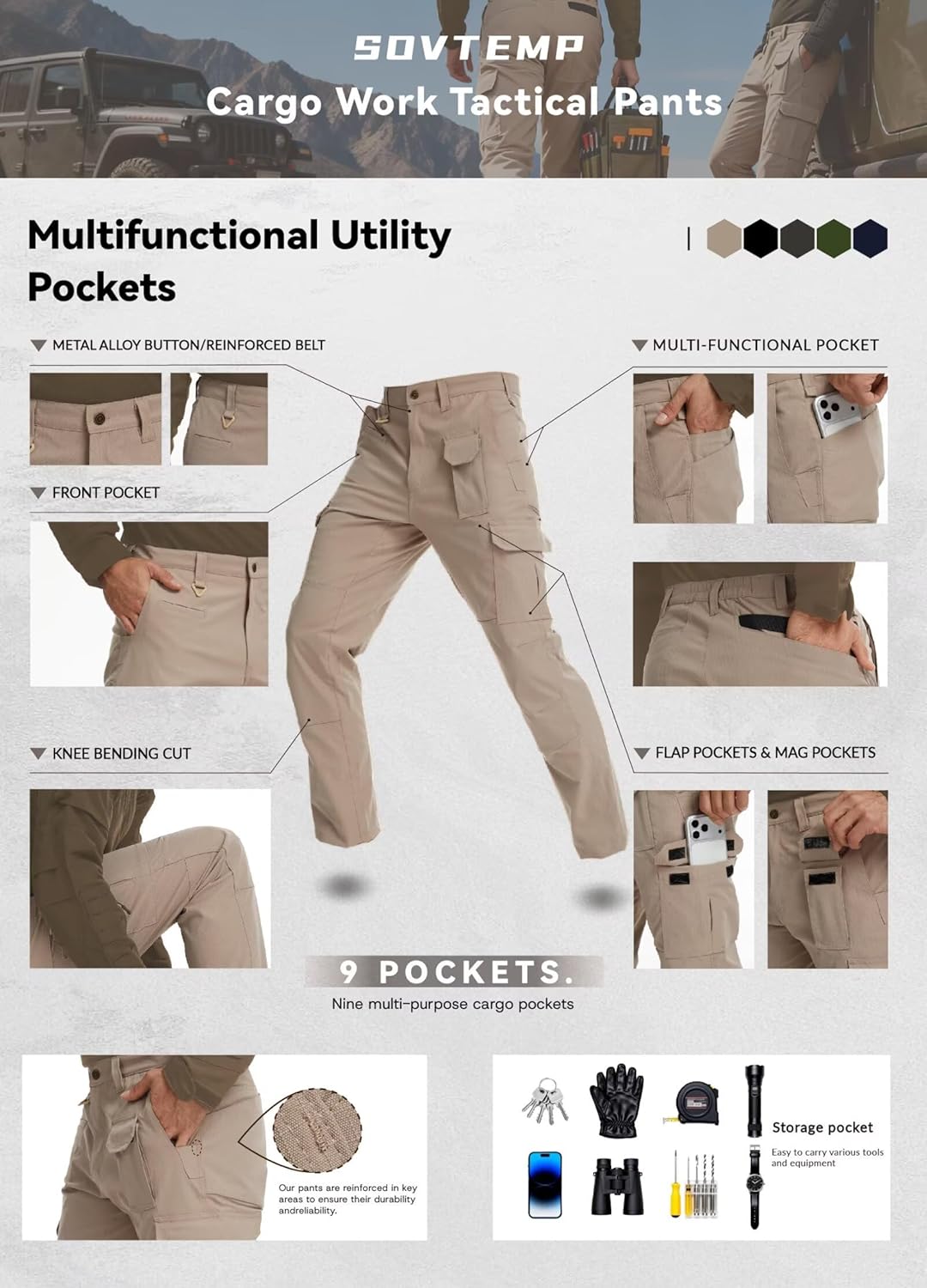Mens Cargo Pants Tactical Work Construction for Men Ripstop Waterproof Outdoor Hiking with Pockets - Image 7