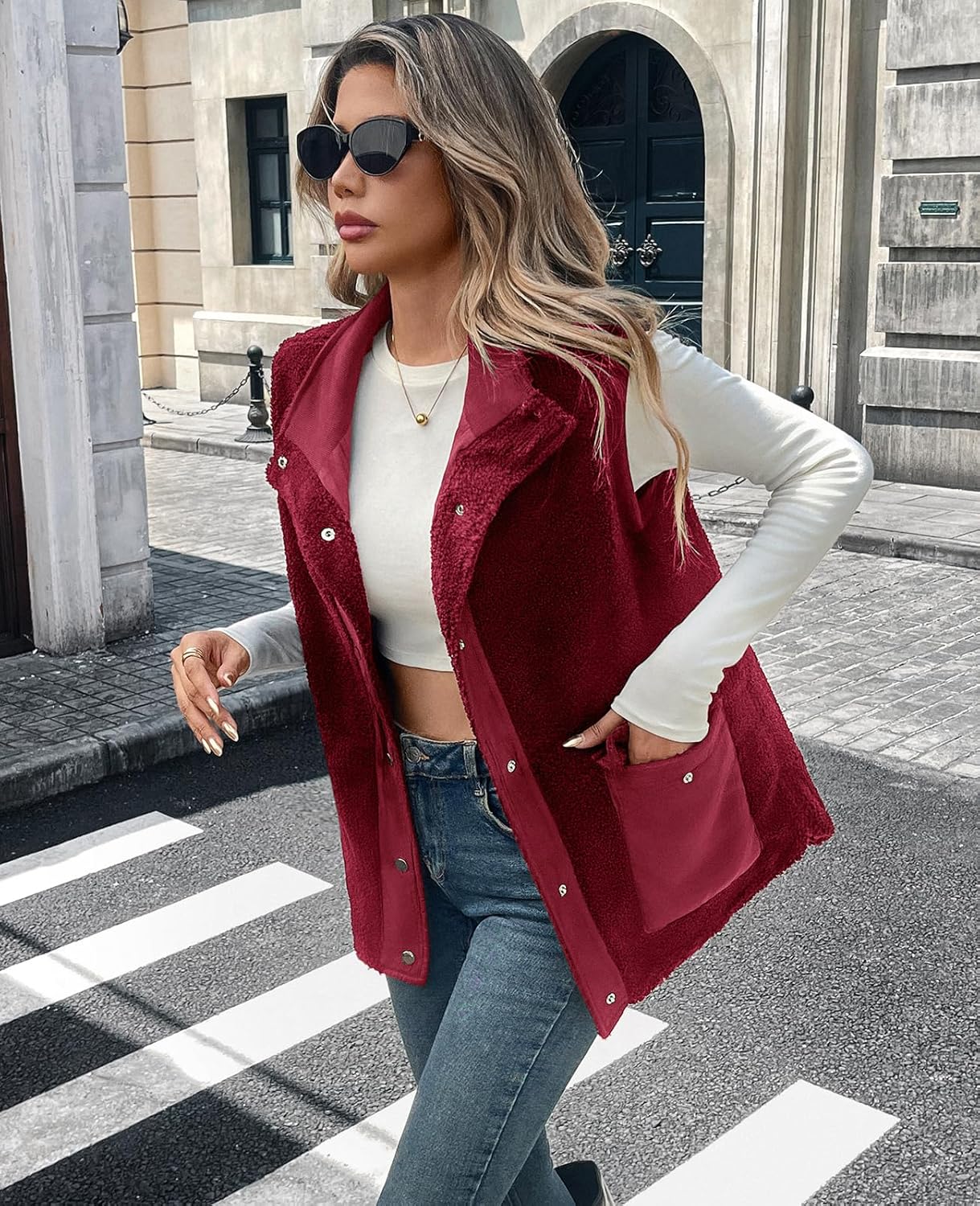 Womens Sping 2026 Sherpa Fleece Vest Sleeveless Button Down Oversized Winter Fuzzy Vest Outerwear Jacket with Pocket - Image 4