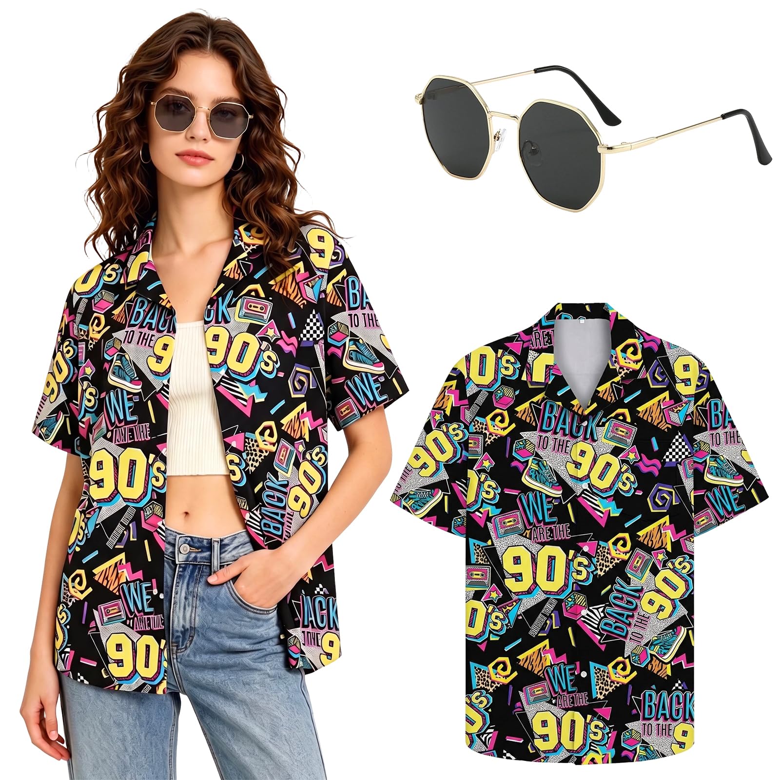 Abbigliamento hawaiano, da donna, a maniche corte, estivo e occhiali da sole, anni '90, per casual, vacanze, carnevale