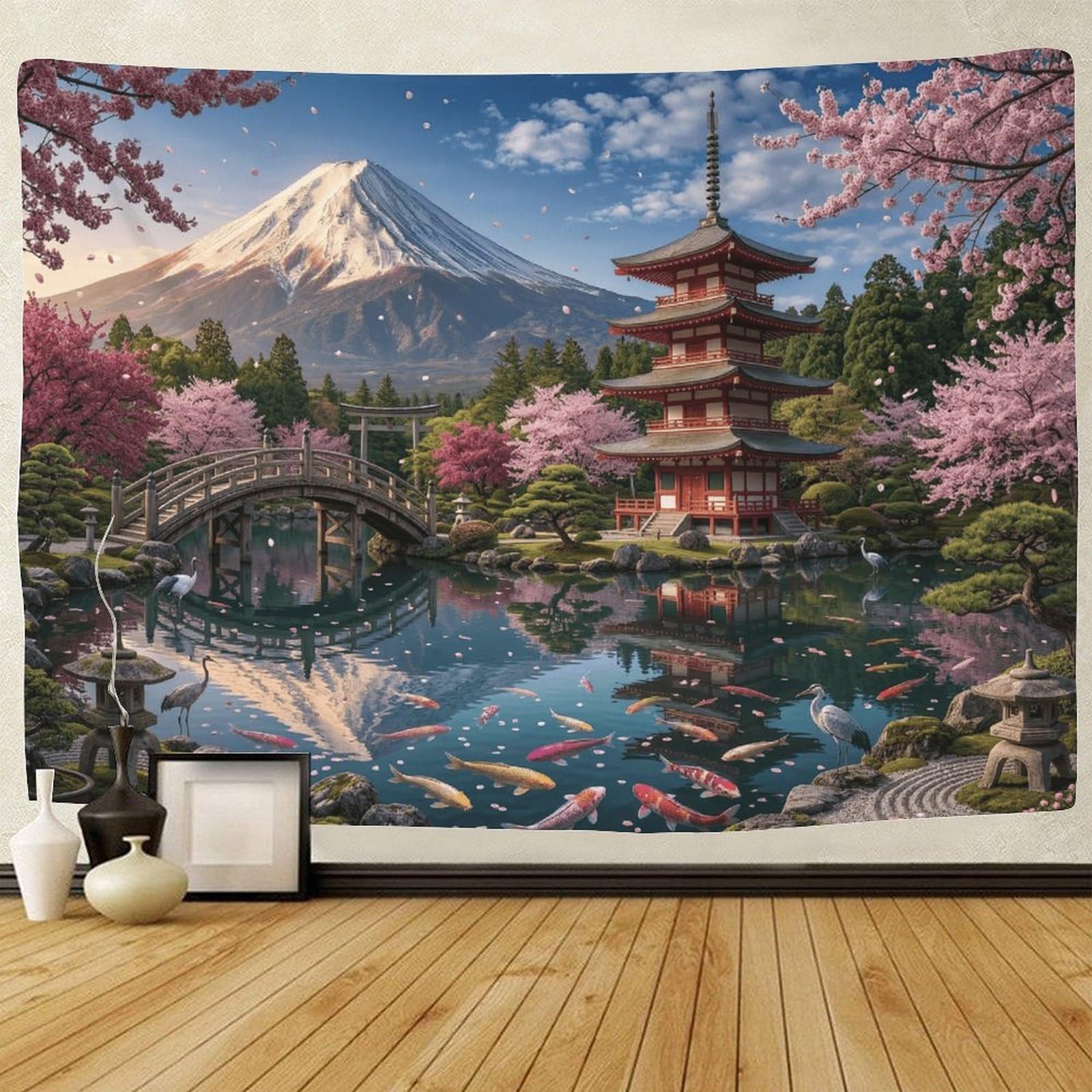 GPMNBCXZK Japanese Mount Fuji Wall Tapestry Bedroom Living Room Dorm Decor 3D Printed Cherry Blossom Wall Hanging 130cmx150cm