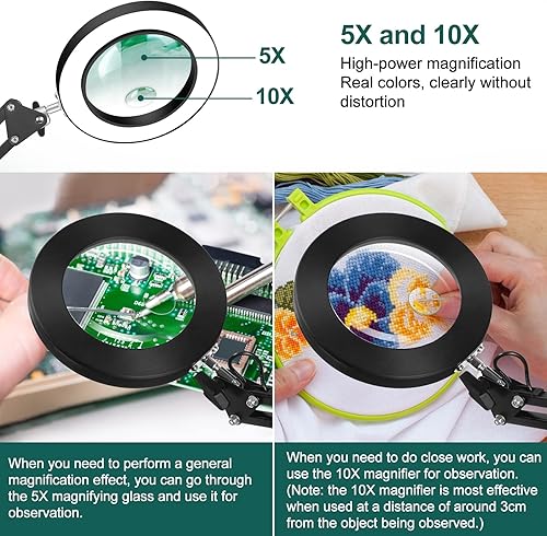 Miniatura 5 de Toolour Estación de retrabajo de aire caliente, pistola de calor de soldadura SMD, pantalla FC, 110V, lupa iluminada 5X y 10X con soporte, lámpara