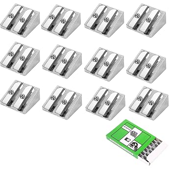 Double Hole Pencil Sharpener 12 Pieces Pencil Sharpener Small Handheld Metal Pencil Sharpener Silver Pencil Sharpener Wedge Shaped Sharpener for Normal Strength and Thick Pens