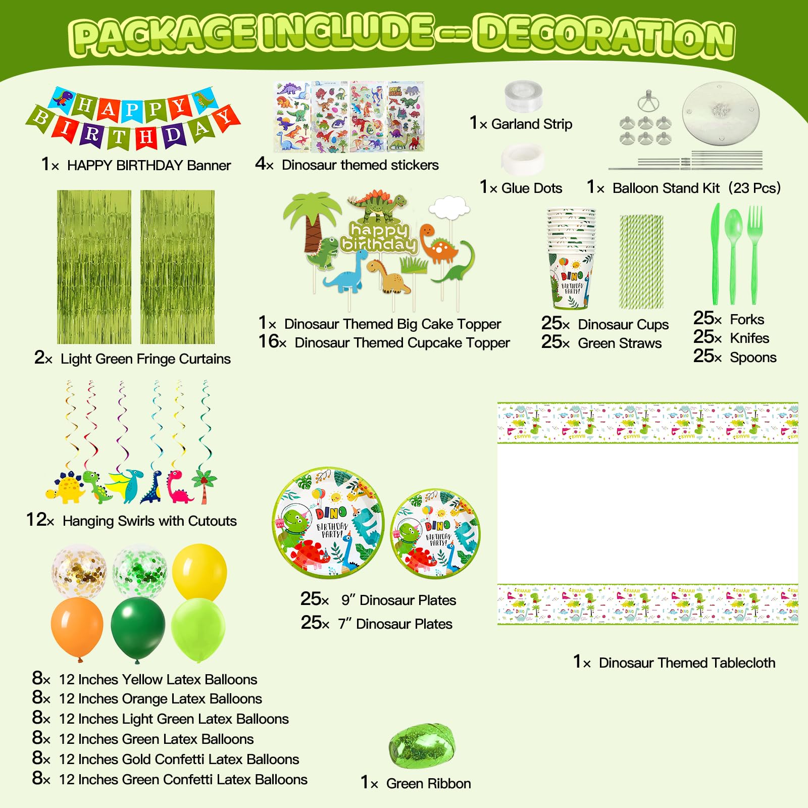 UJoyant 320 Pcs Dinosaur Birthday Decorations, Dinosaur Birthday Party Supplies - Disposable Dinnerware Set with 25 Guest, Balloons, Banner, Fringe Curtain, Cake Toppers, Hanging Swirls, Tablecloth