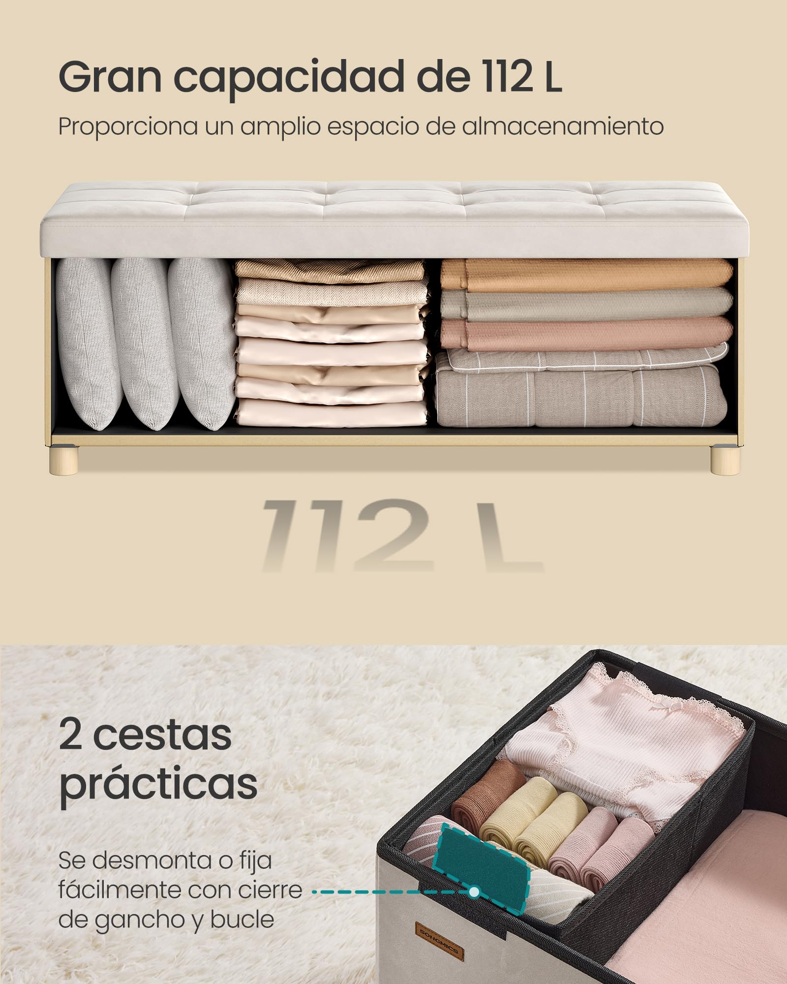 SONGMICS Puff Almacenaje, Banco Plegable, 38 x 110 x 40 cm, Reposapiés, 112 L, Superficie de Terciopelo, para Dormitorio, Sala de Estar, Dormitorio, Beige Capuchino LSF0518W02