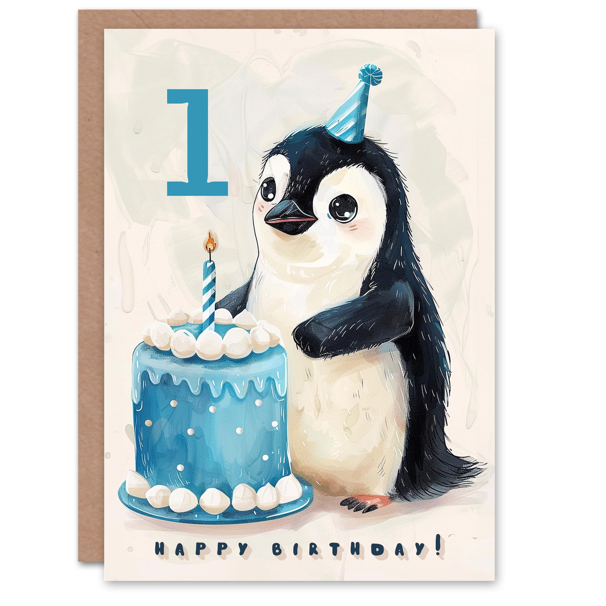 Artery8 1st Birthday Card Cute Baby Penguin Cake Cartoon Kids Age 1 Year Old Child For Son Daughter Girl Boy Happy Card