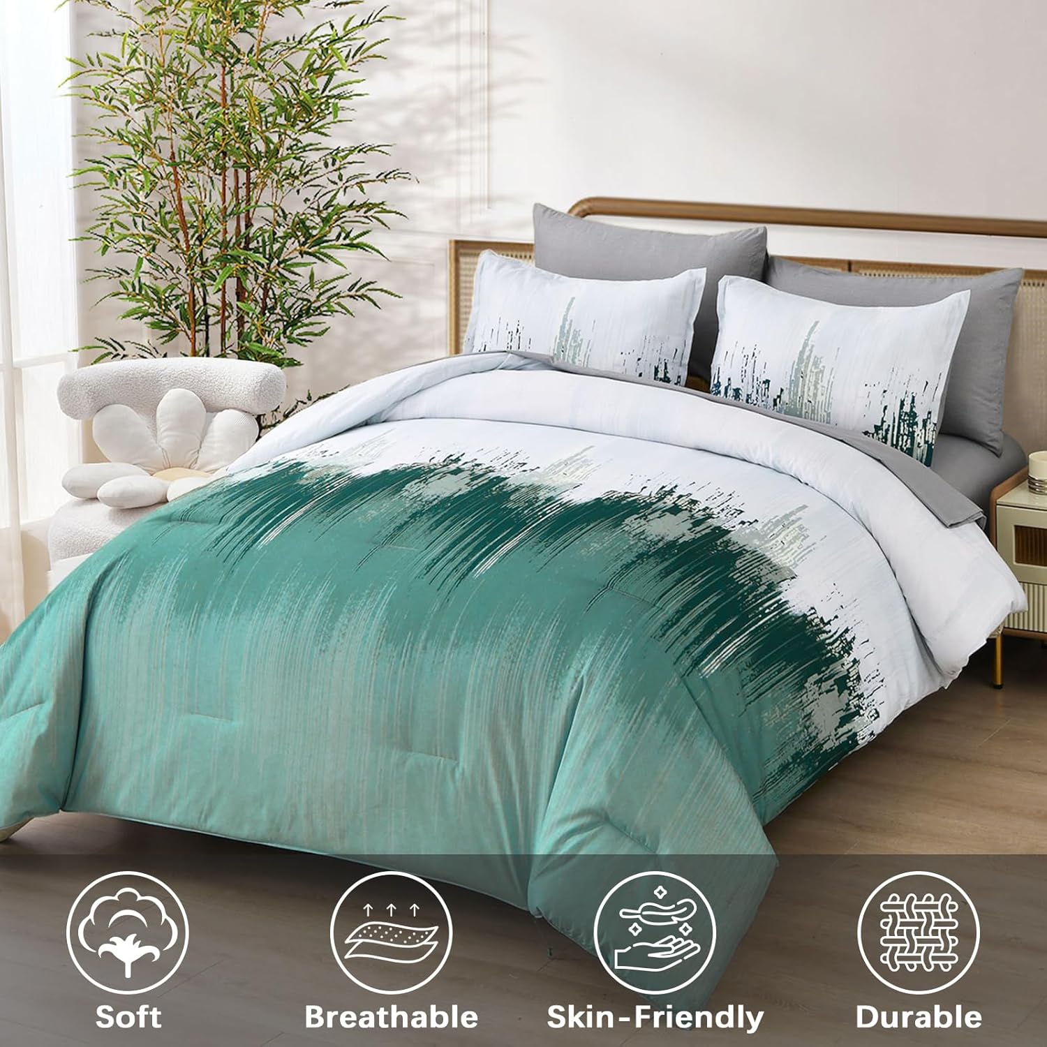 WONGS BEDDING Comforter Set Queen,Aqua 7 Pieces Bed in a Bag Colorful Abstract Art Gradient Comforter Microfiber Bedding Set,1 Comforter, 1 Flat Sheet, 1 Fitted Sheet, 2 Pillow Shams,2 Pillowcases - Image 2