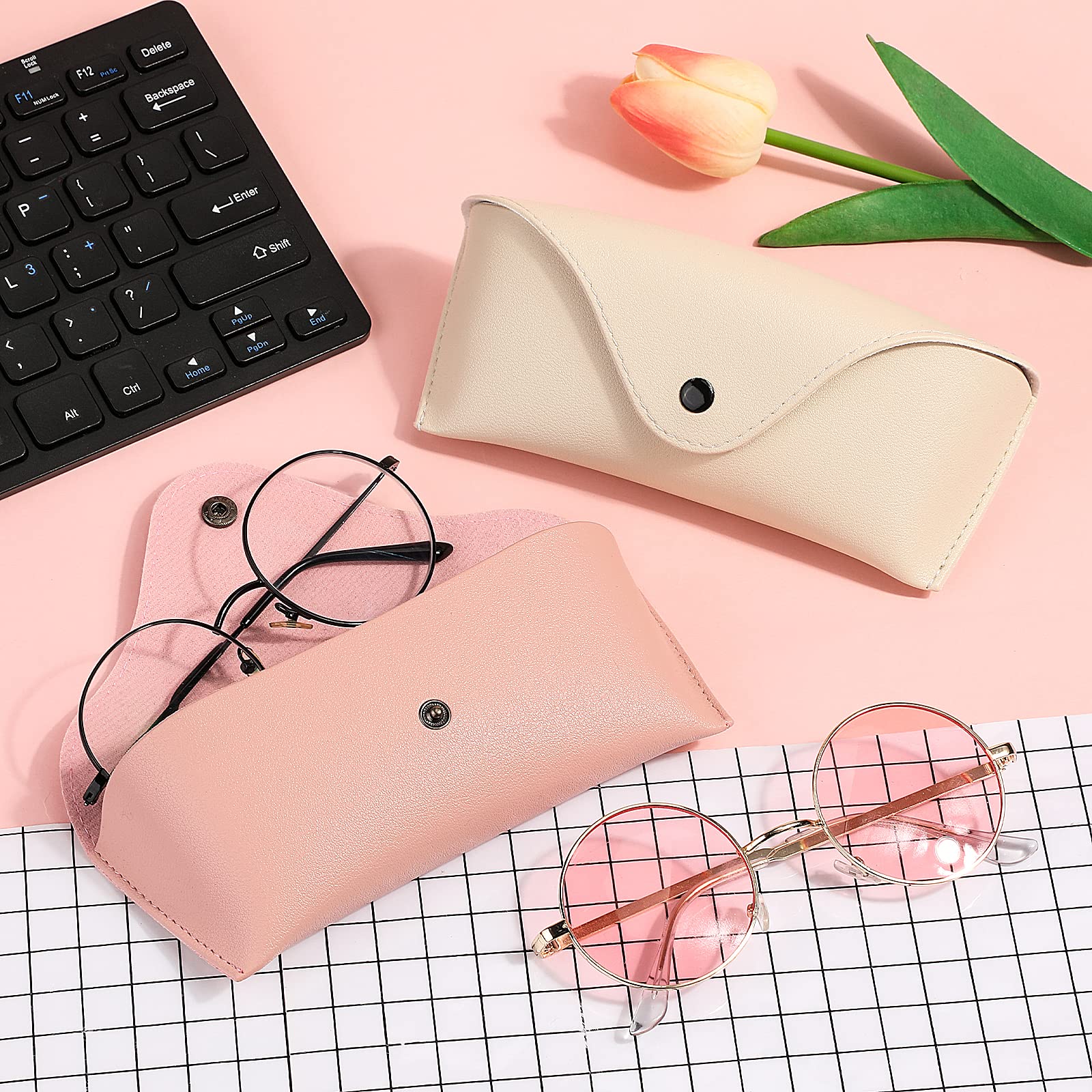 Hifot funda gafas cuero 2 piezas, PU cuero suaves viaje Estuche para Gafas de caso bolsa mujer hombre niño (Rosa&blanco)